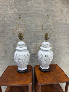 Pair of Vintage Chinese Pierced Porcelain Blanc De Chine Table Lamps