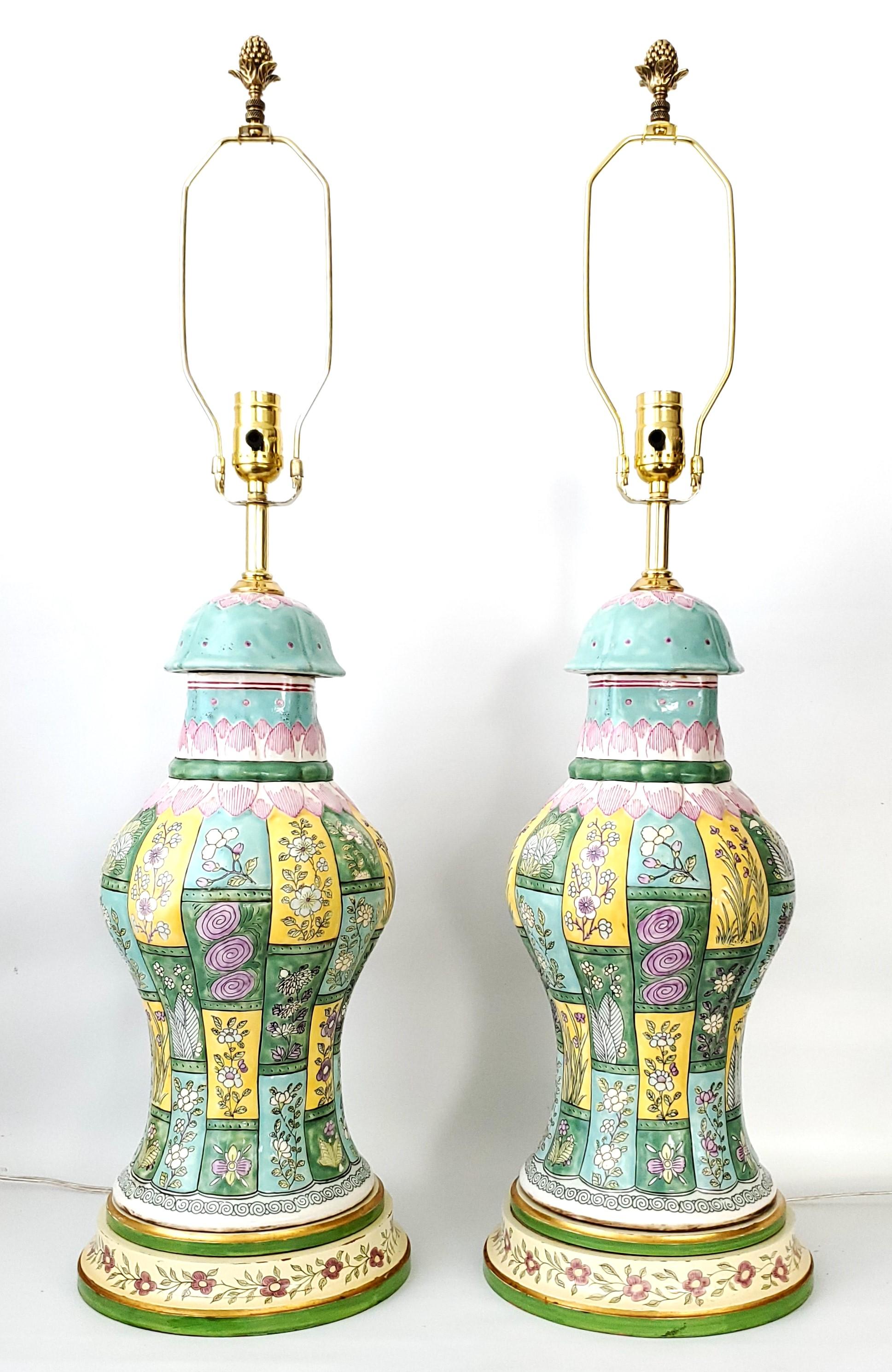 Chinoiserie Pair of Vintage Chinese Porcelain Baluster Table Lamps with Linen & Silk Shades For Sale