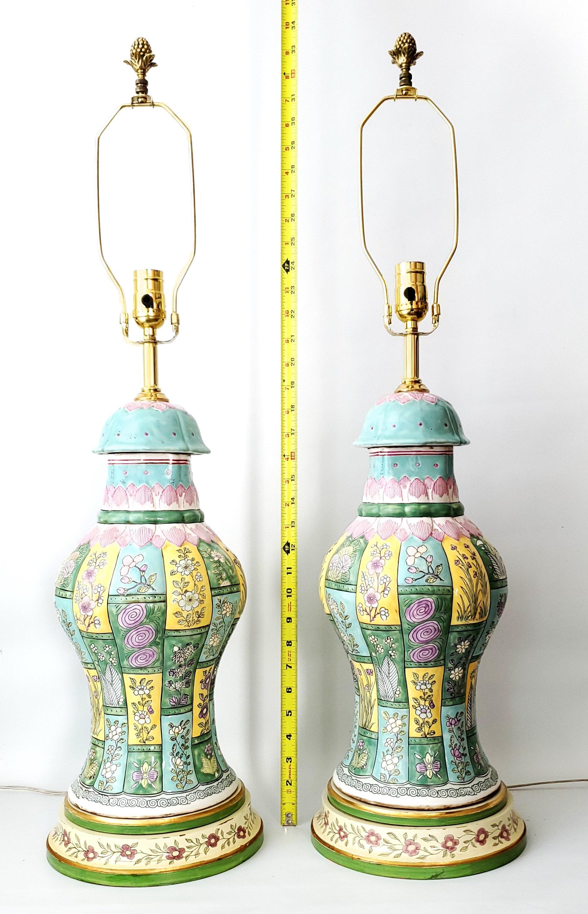 Hand-Painted Pair of Vintage Chinese Porcelain Baluster Table Lamps with Linen & Silk Shades For Sale