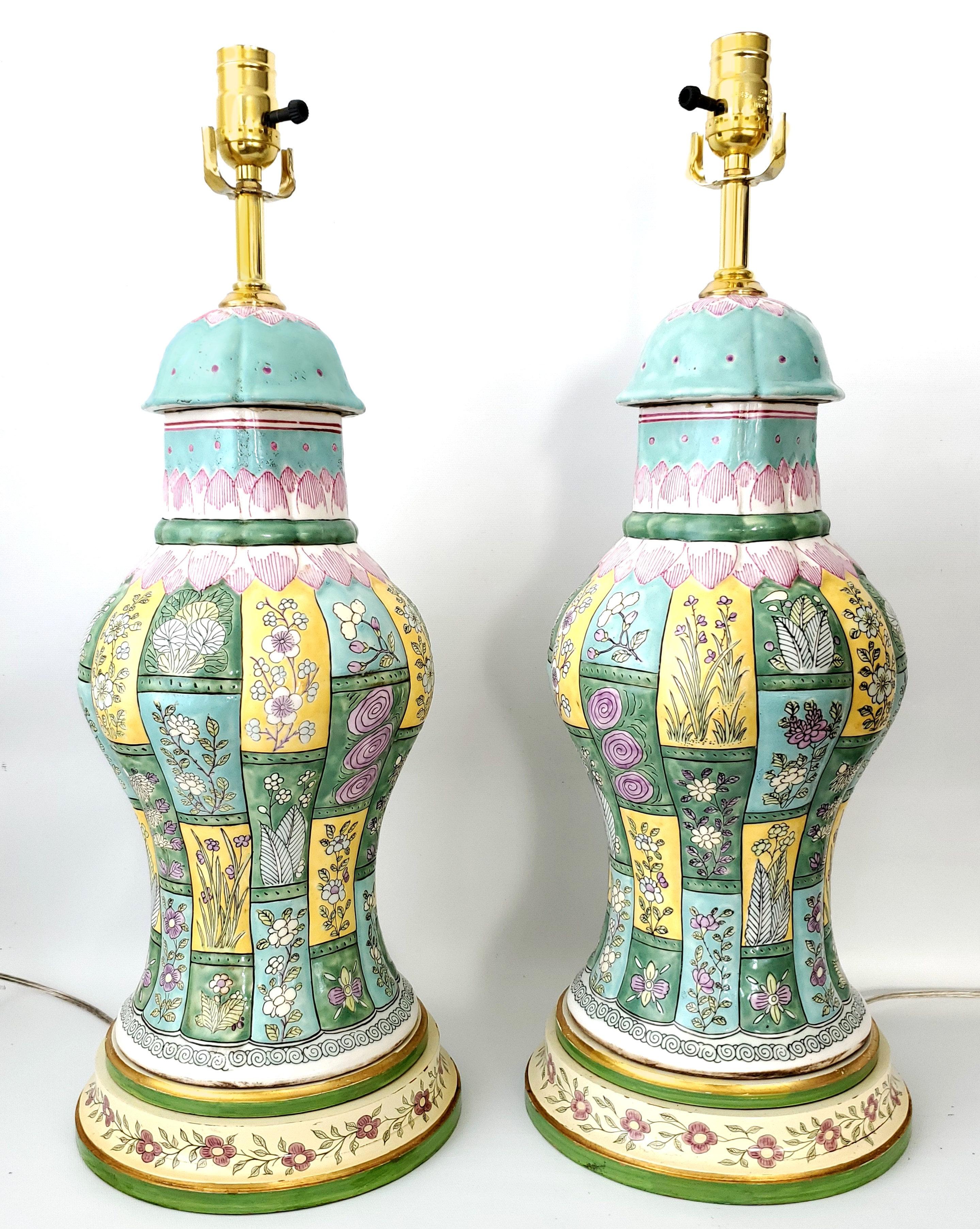 Brass Pair of Vintage Chinese Porcelain Baluster Table Lamps with Linen & Silk Shades For Sale