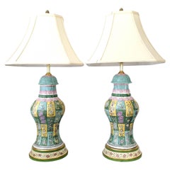 Pair of Used Chinese Porcelain Baluster Table Lamps with Linen & Silk Shades