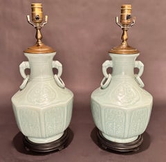 Pair Of Vintage Chinese Porcelain Celadon Vases As Lamps