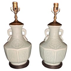Pair Of Vintage Chinese Porcelain Celadon Vases As Lamps