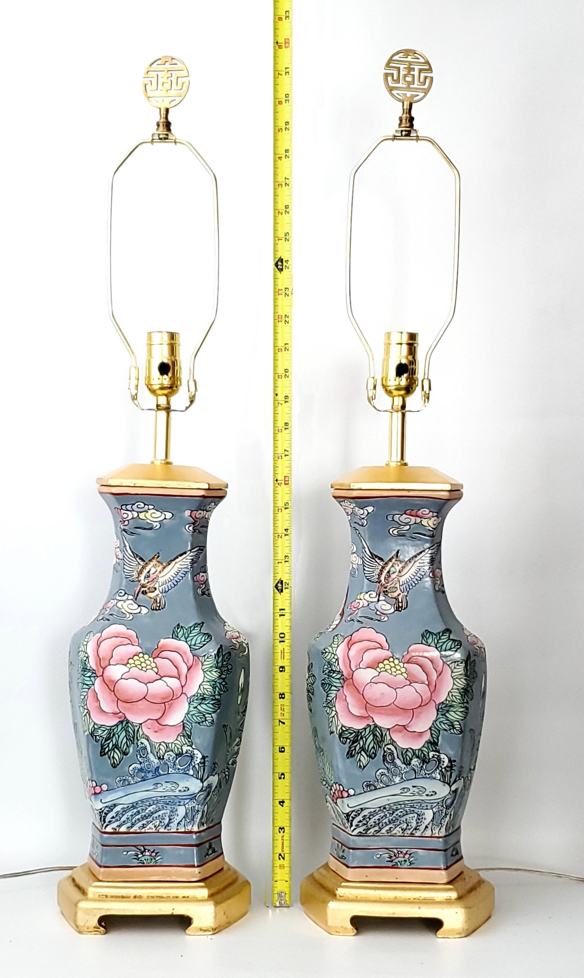 Gilt Pair of Vintage Chinese Porcelain Ceramic Table Lamps with Pink Lamp Shades For Sale