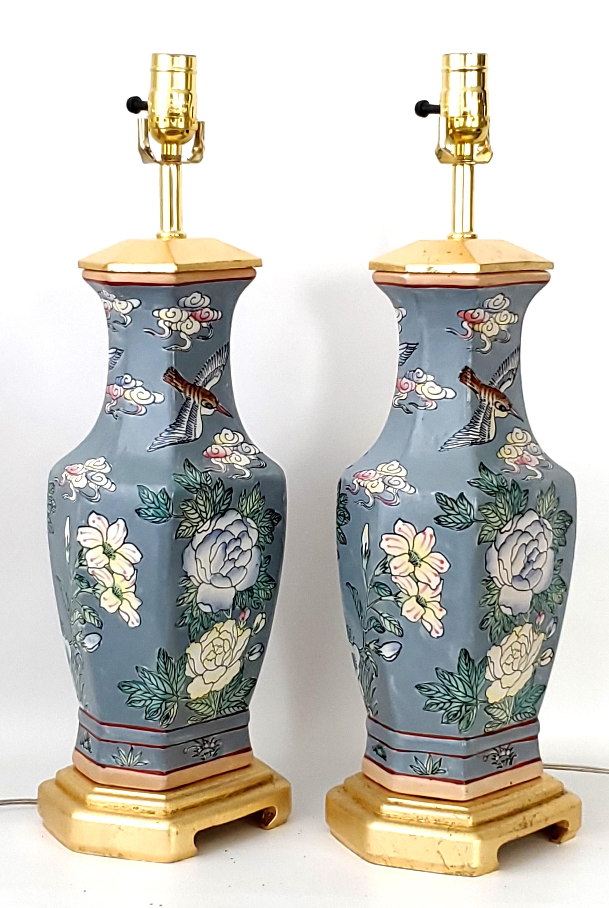 Brass Pair of Vintage Chinese Porcelain Ceramic Table Lamps with Pink Lamp Shades For Sale
