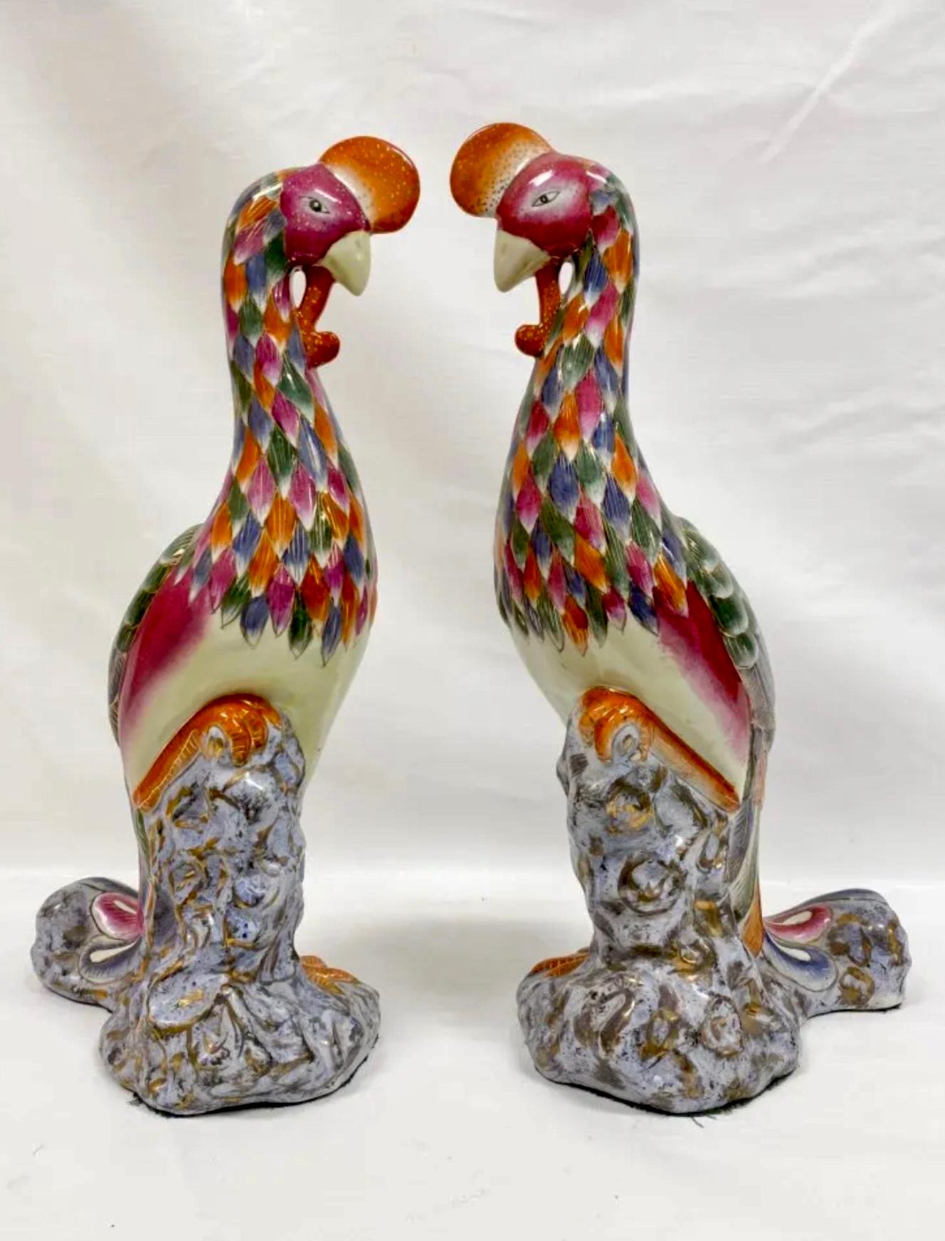 Mid-20th Century Pair of Vintage Chinese Porcelain Phoenix Bird Sculptures For Sale