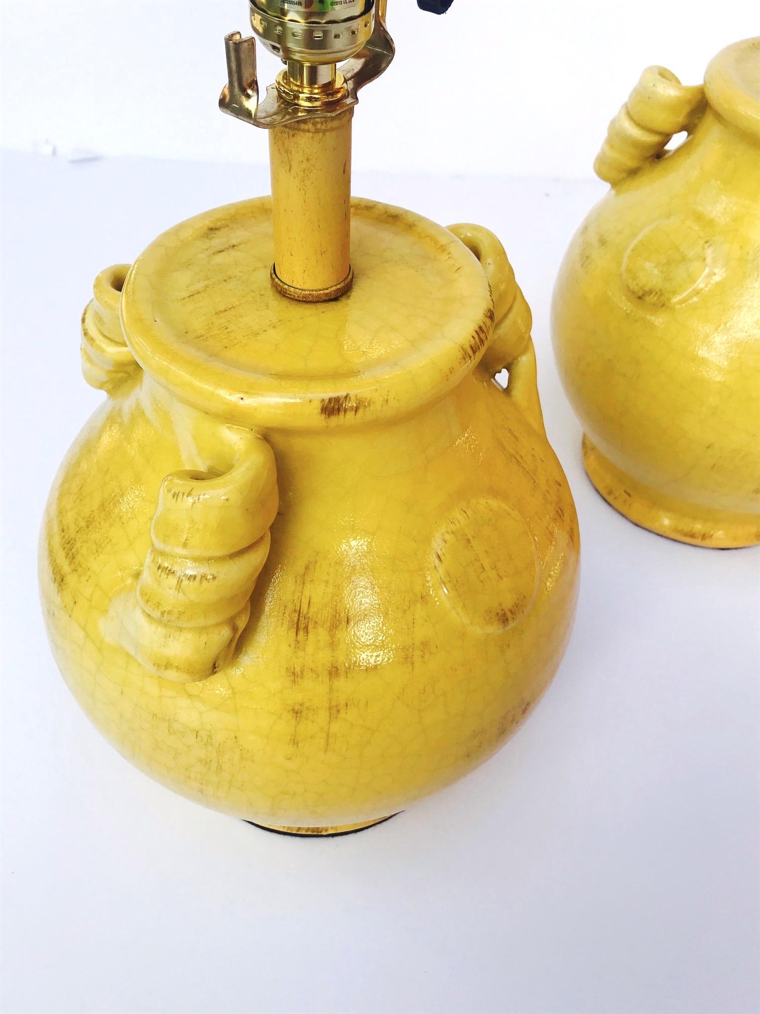 Pair of Vintage Chinese Pottery Lamps with Antique Yellow Glaze, c. 1980's 3