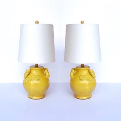 Pair of Vintage Chinese Pottery Lamps with Antique Yellow Glaze, C. 1980's