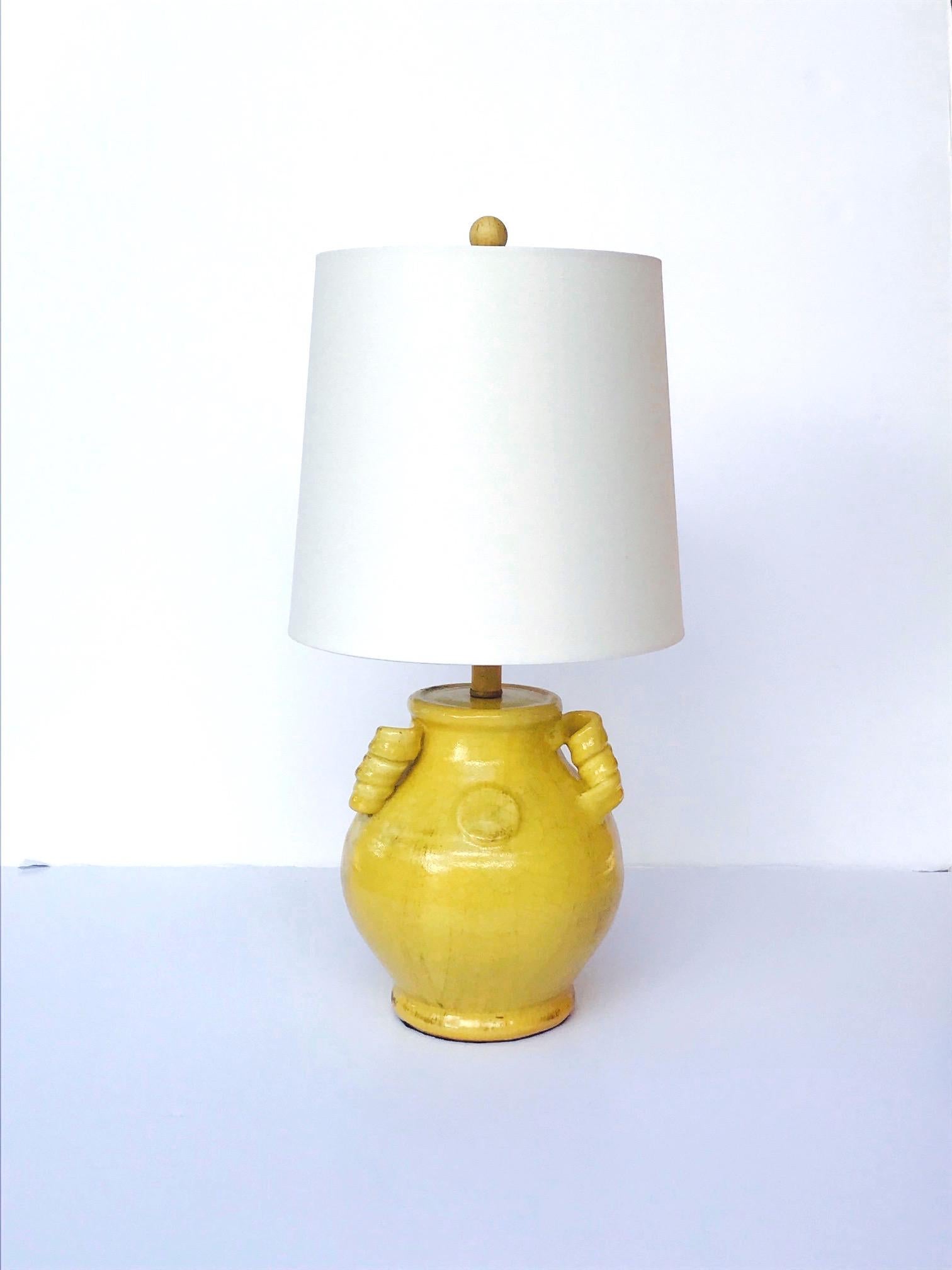 Glazed Pair of Vintage Chinese Pottery Lamps with Antique Yellow Glaze, c. 1980's