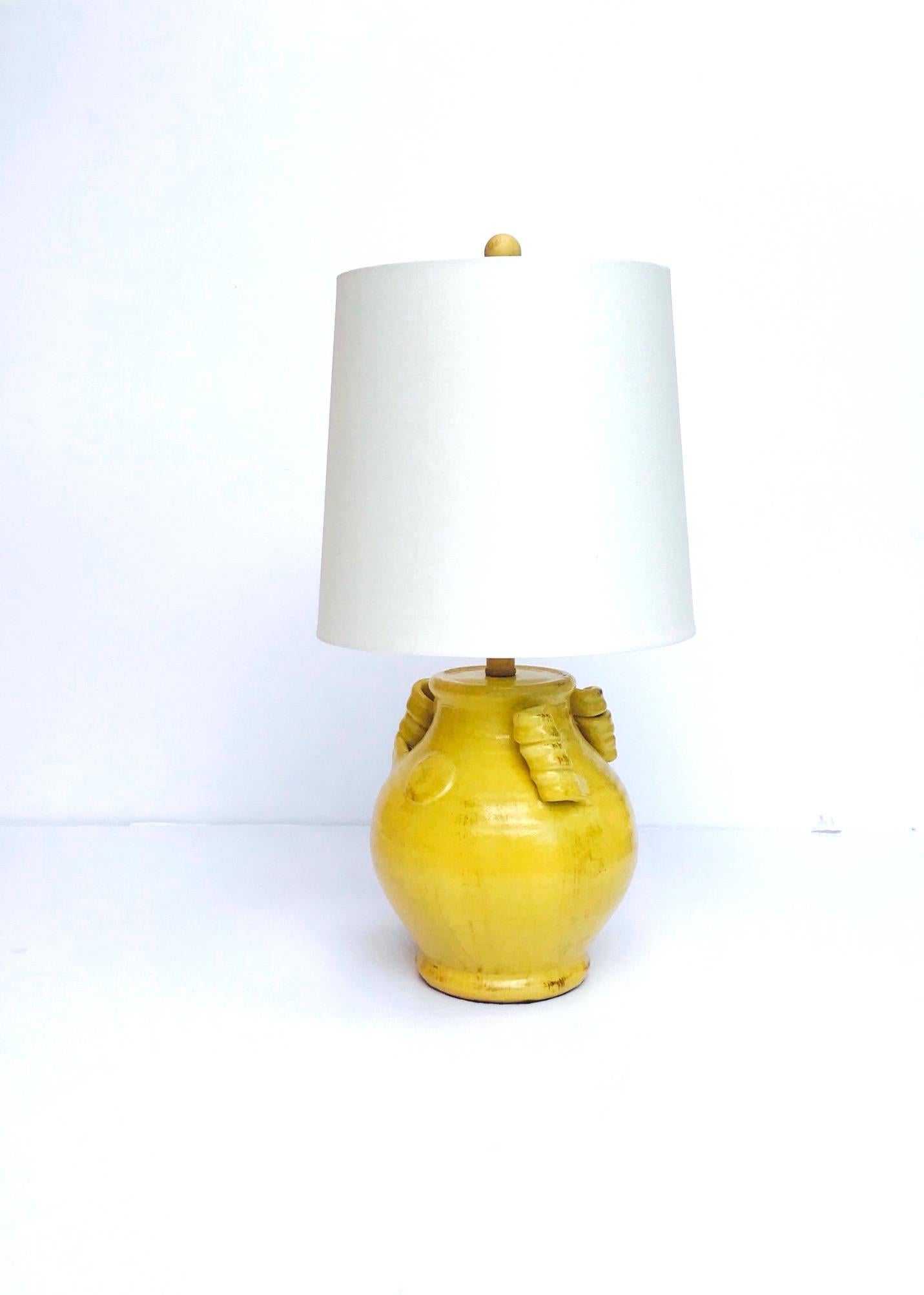 Late 20th Century Pair of Vintage Chinese Pottery Lamps with Antique Yellow Glaze, c. 1980's