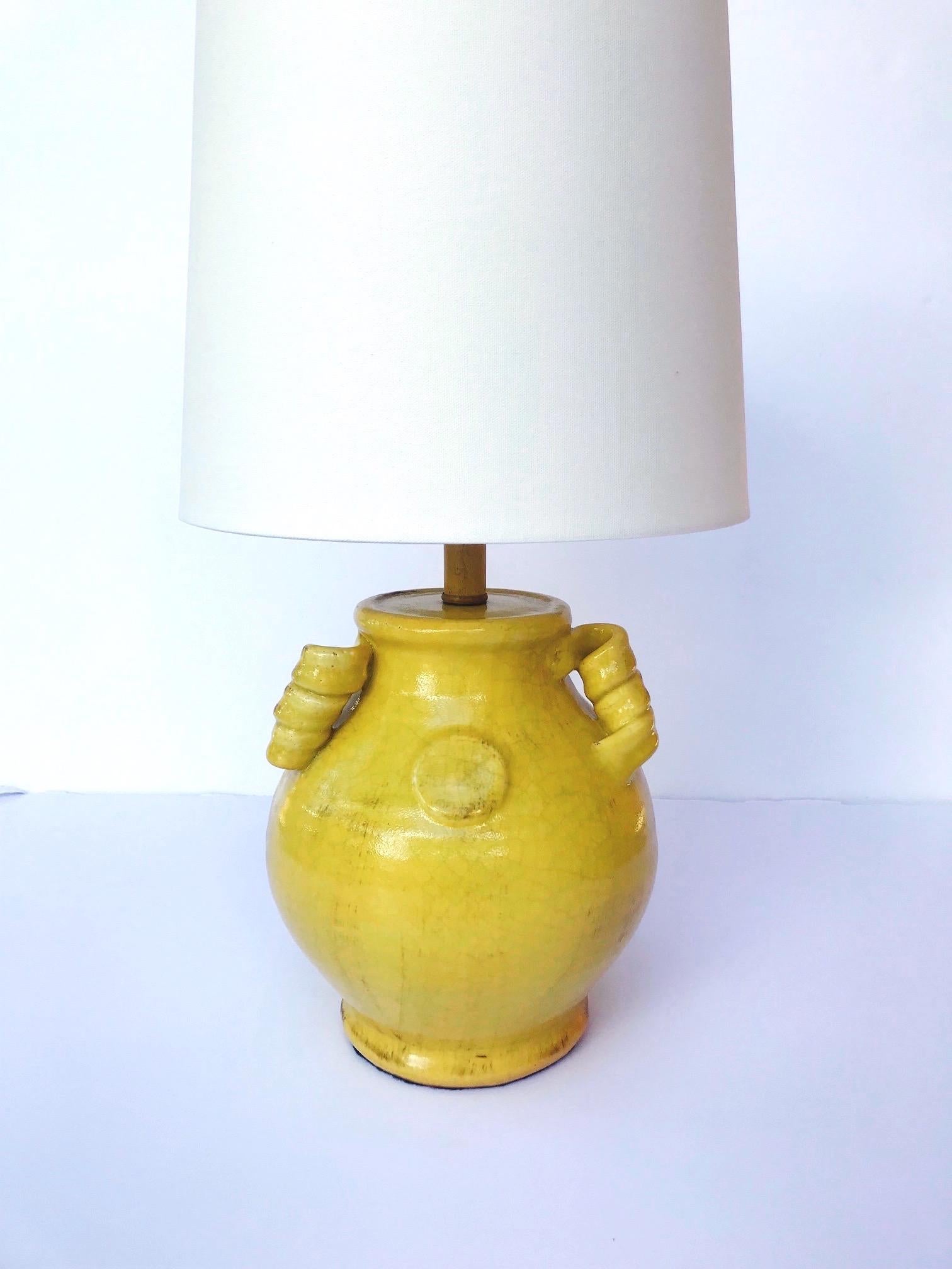 Ceramic Pair of Vintage Chinese Pottery Lamps with Antique Yellow Glaze, c. 1980's