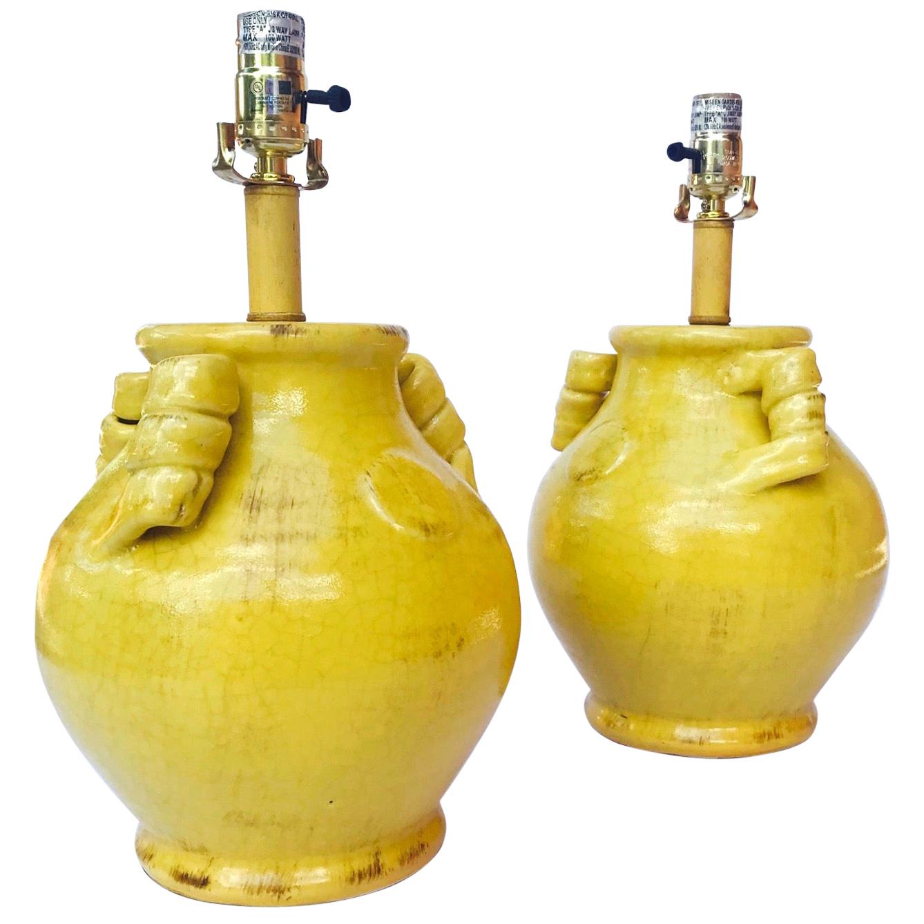 Pair of Vintage Chinese Pottery Lamps with Antique Yellow Glaze, c. 1980's