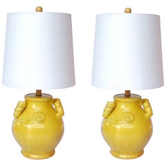 Pair of Vintage Chinese Pottery Lamps with Antique Yellow Glaze, C. 1980's