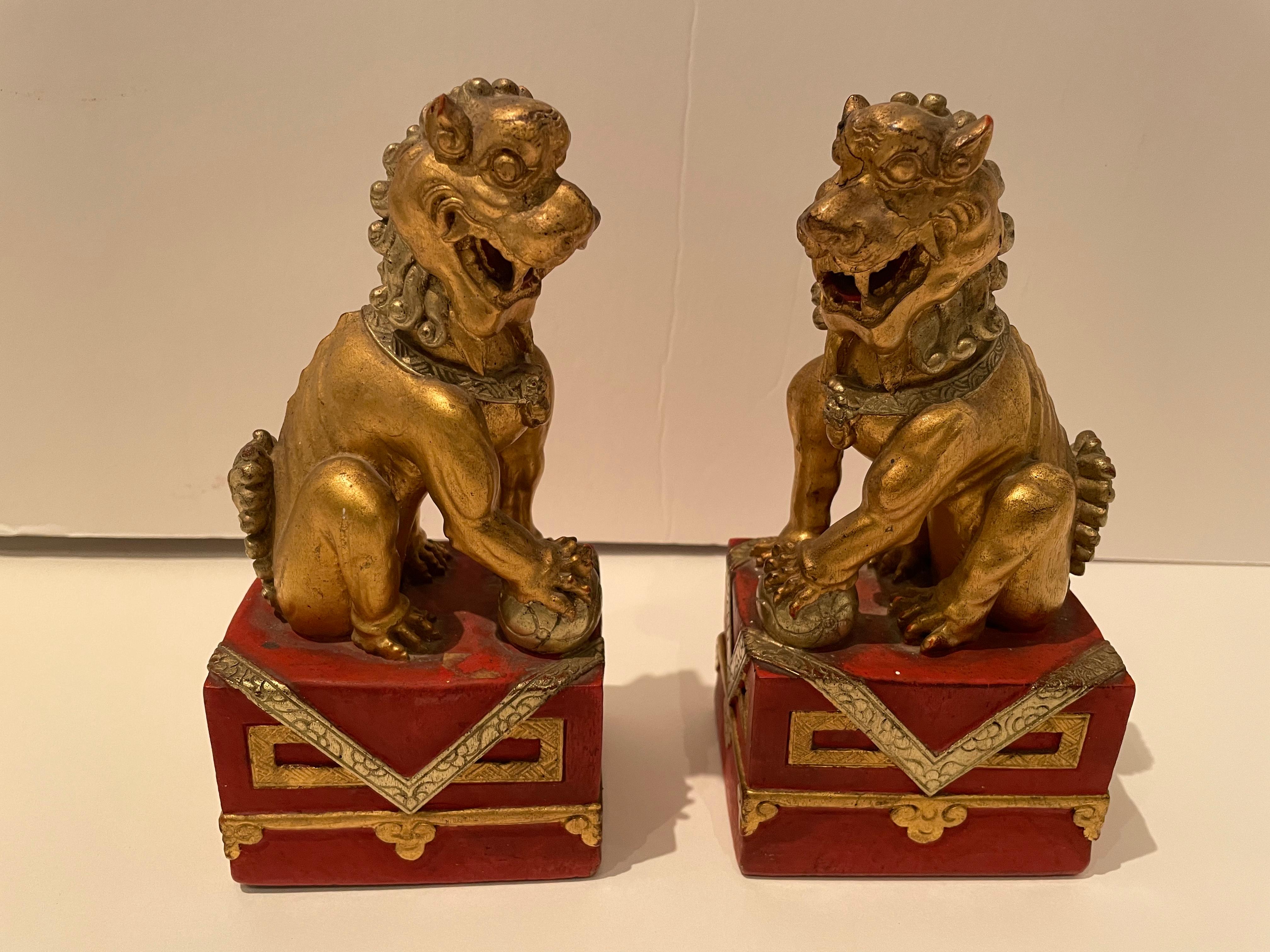 Pair of Vintage Chinese Red and Gilt Buddhistic Lions In Good Condition For Sale In Hopewell, NJ