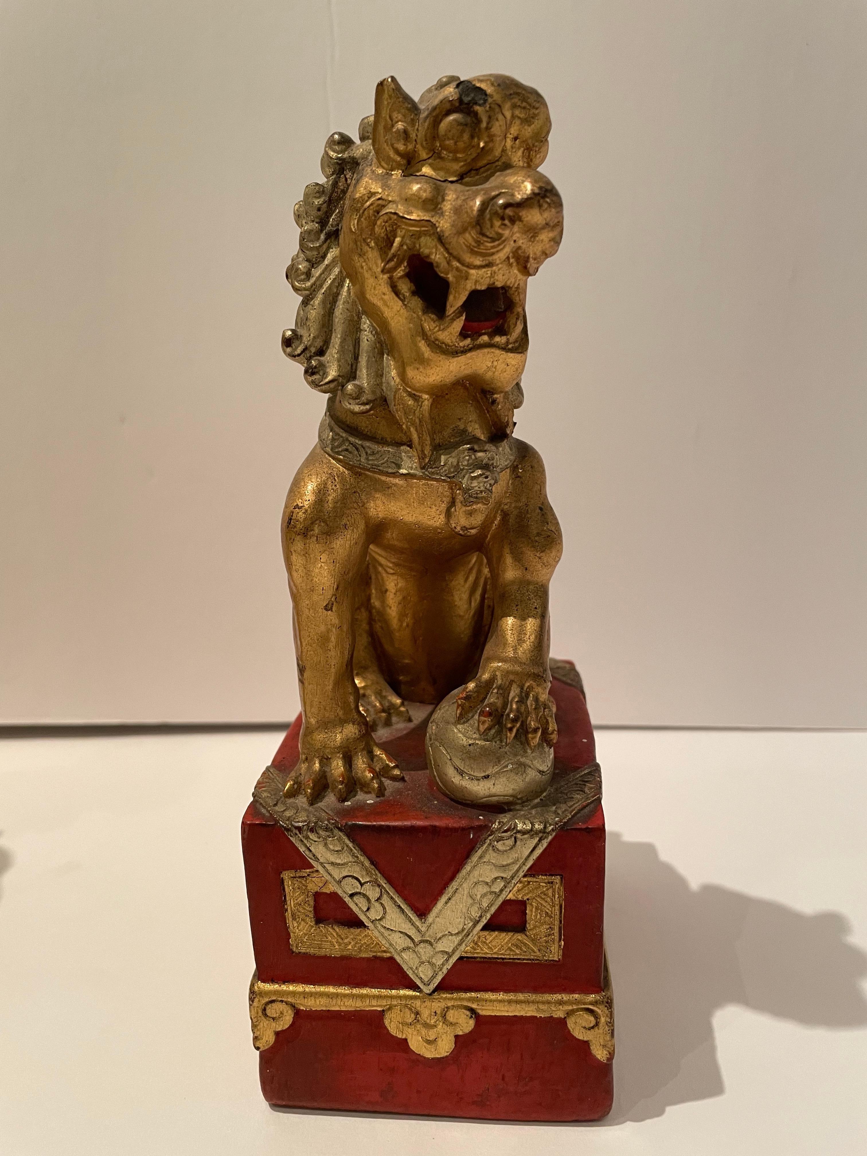 Pair of Vintage Chinese Red and Gilt Buddhistic Lions For Sale 2