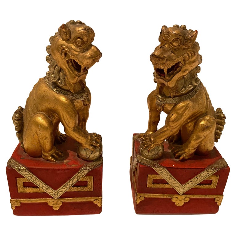 Pair of Vintage Chinese Red and Gilt Buddhistic Lions For Sale at 1stDibs