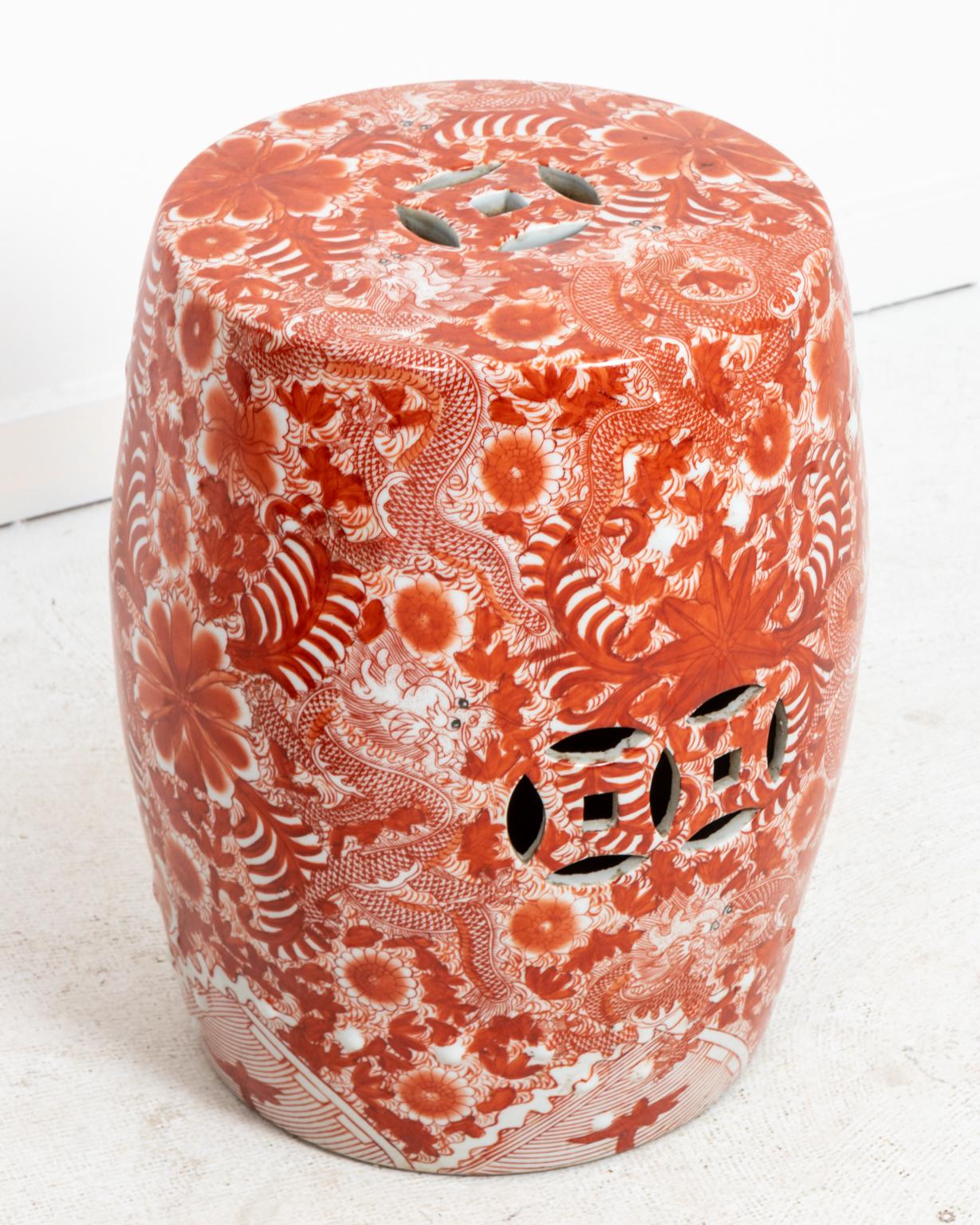 Pair of vintage Chinese red floral dragon hand painted ceramic garden stools, circa 1960s. Made in China. Please note of wear consistent with age.