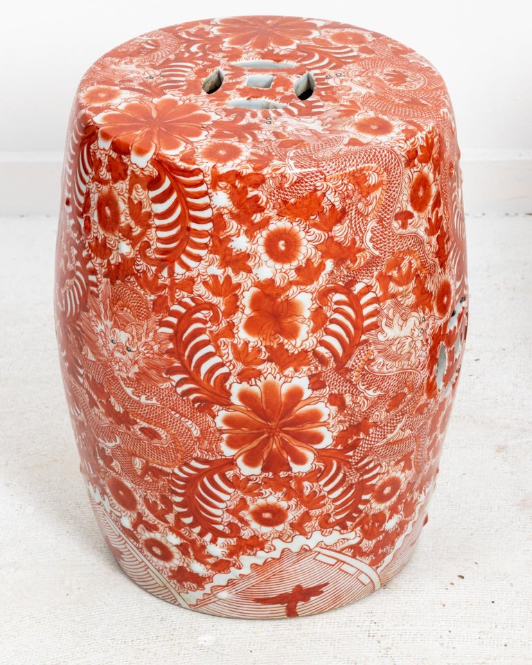 Pair of Vintage Chinese Red Floral Ceramic Garden Stools at 1stDibs