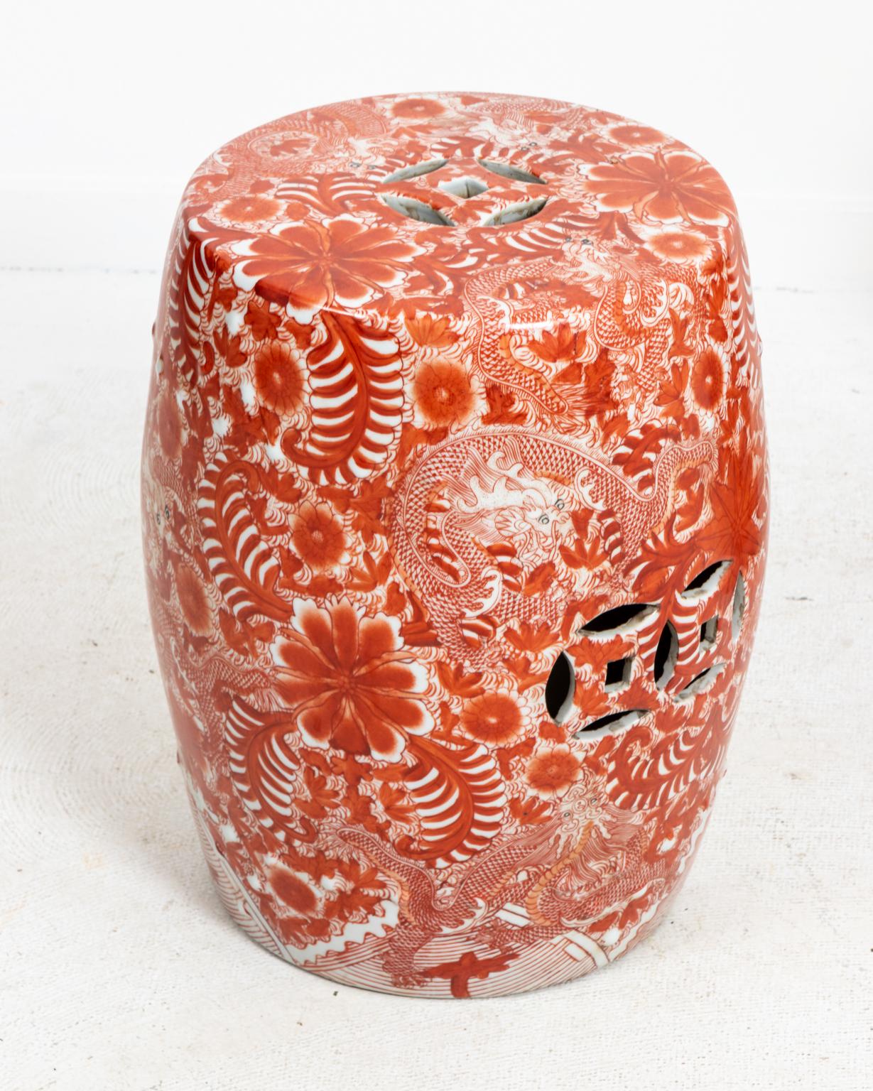 Mid-20th Century Pair of Vintage Chinese Red Floral Ceramic Garden Stools