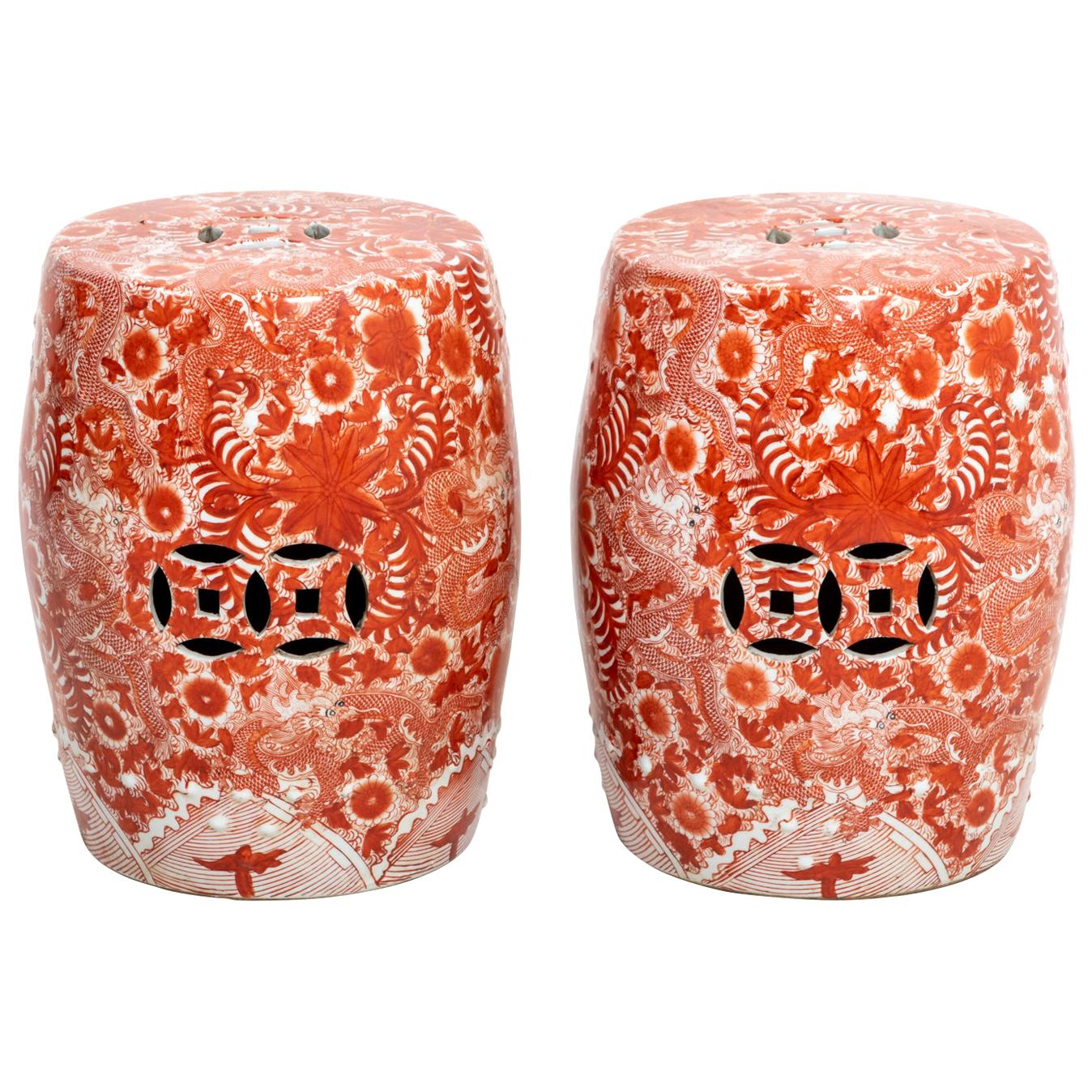 Pair of Vintage Chinese Red Floral Ceramic Garden Stools