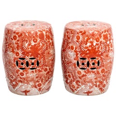 Pair of Vintage Chinese Red Floral Ceramic Garden Stools