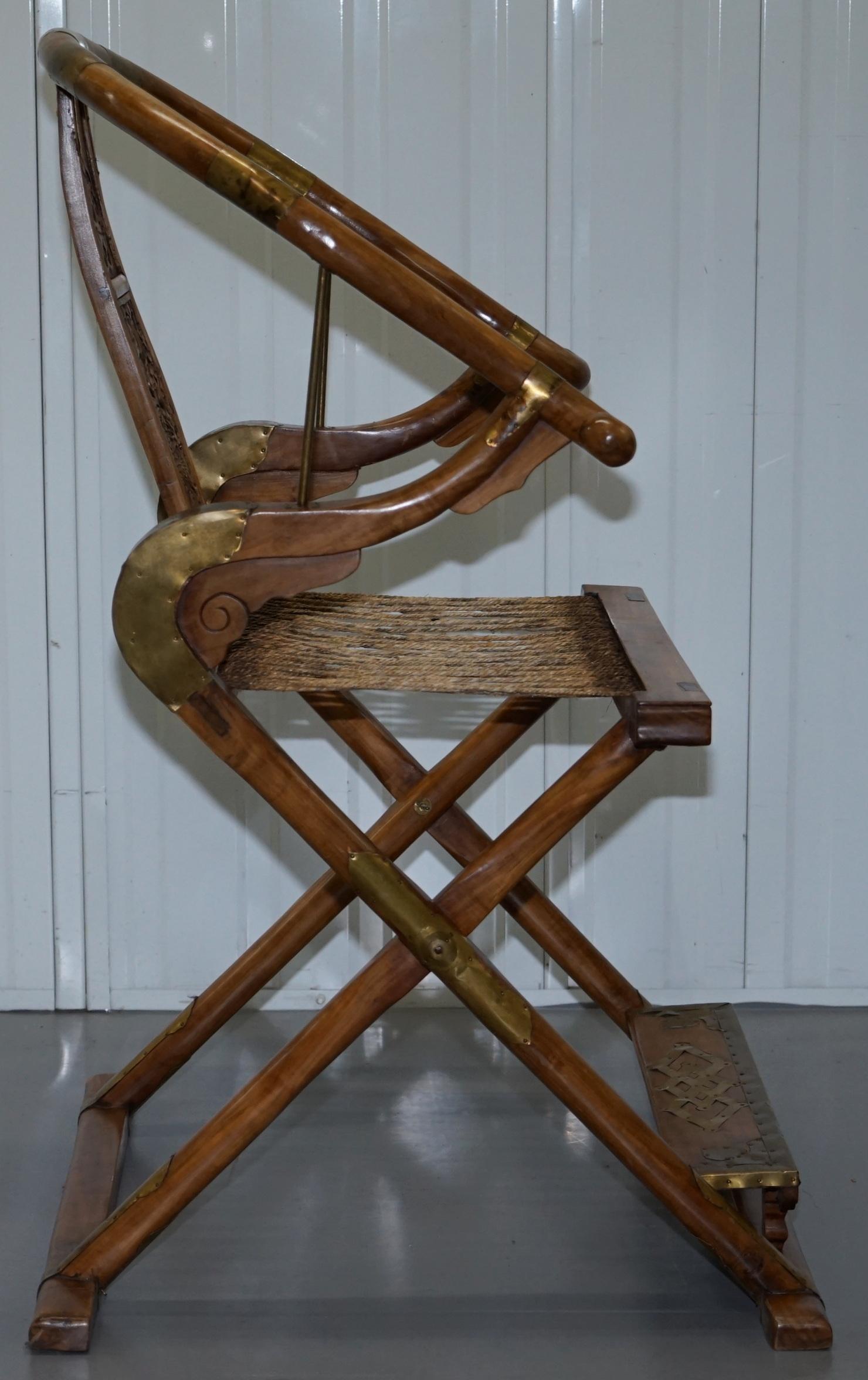 Pair of Vintage Chinese Solid Hardwood Horseshoe Folding Chairs Brass Fittings 1