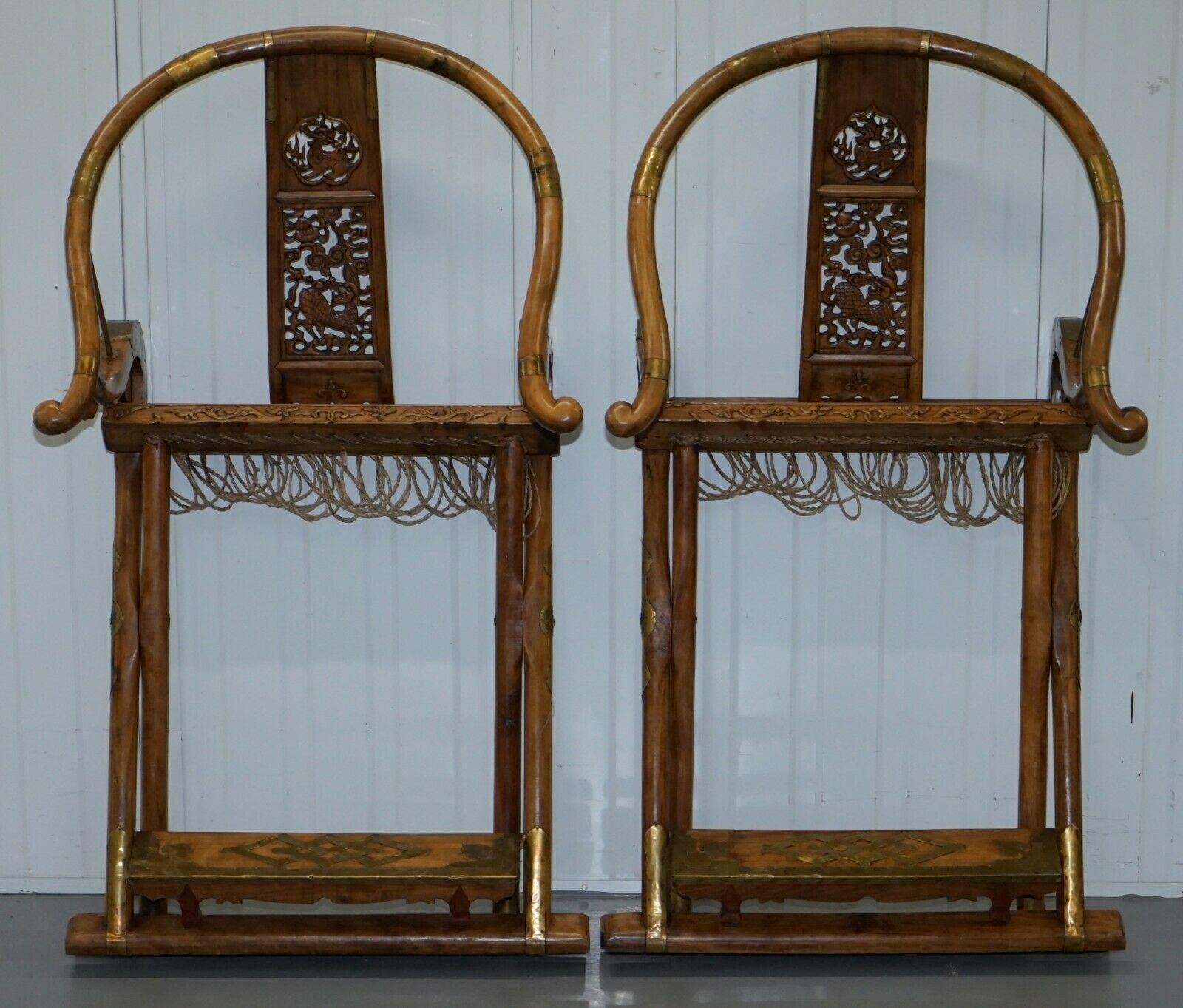 Pair of Vintage Chinese Solid Hardwood Horseshoe Folding Chairs Brass Fittings 6