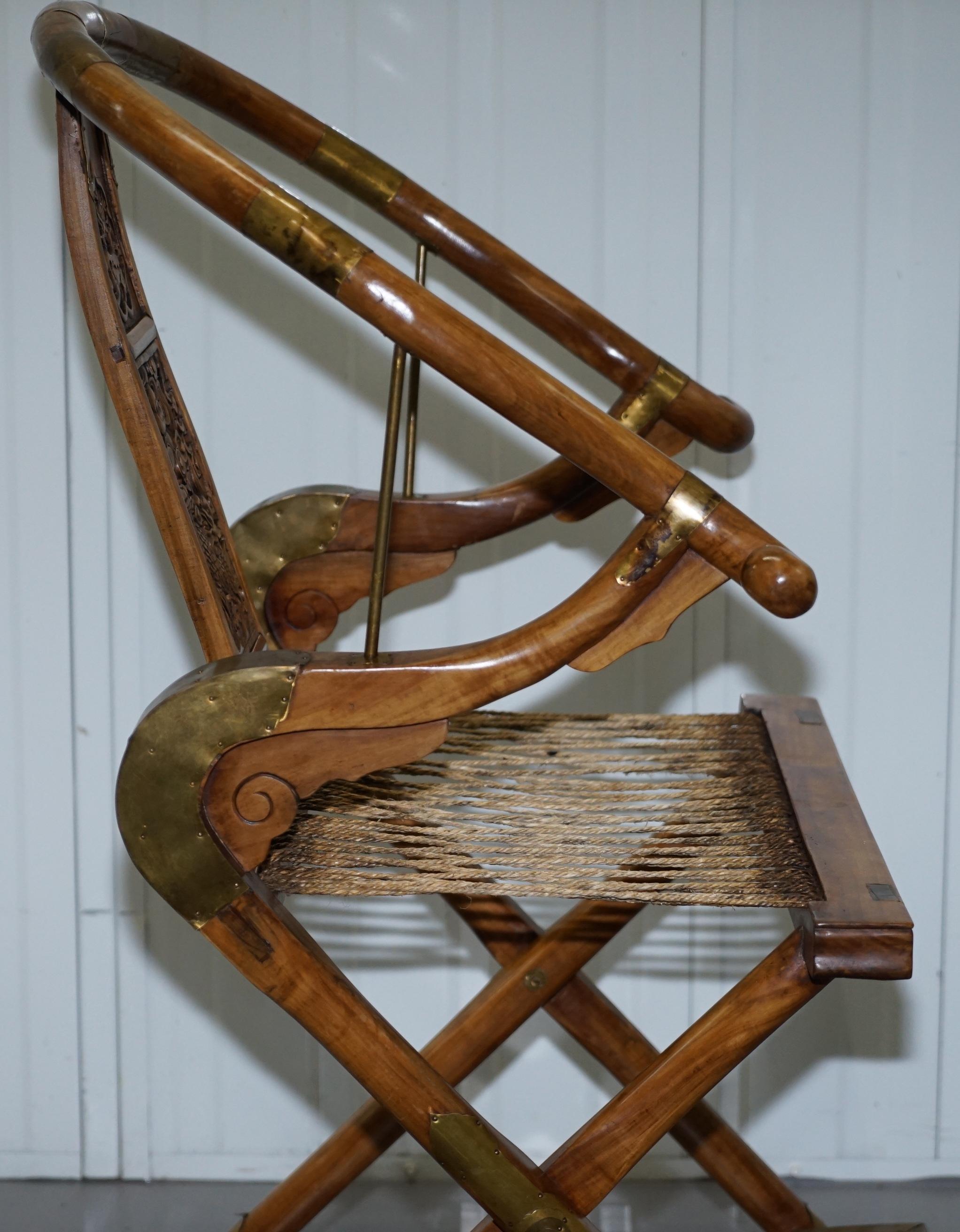Pair of Vintage Chinese Solid Hardwood Horseshoe Folding Chairs Brass Fittings 1