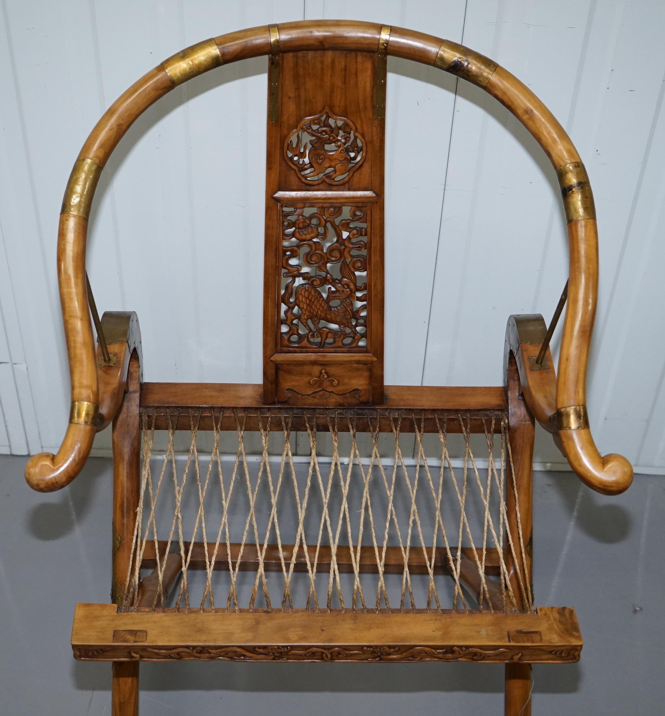 Pair of Vintage Chinese Solid Hardwood Horseshoe Folding Chairs Brass Fittings 8
