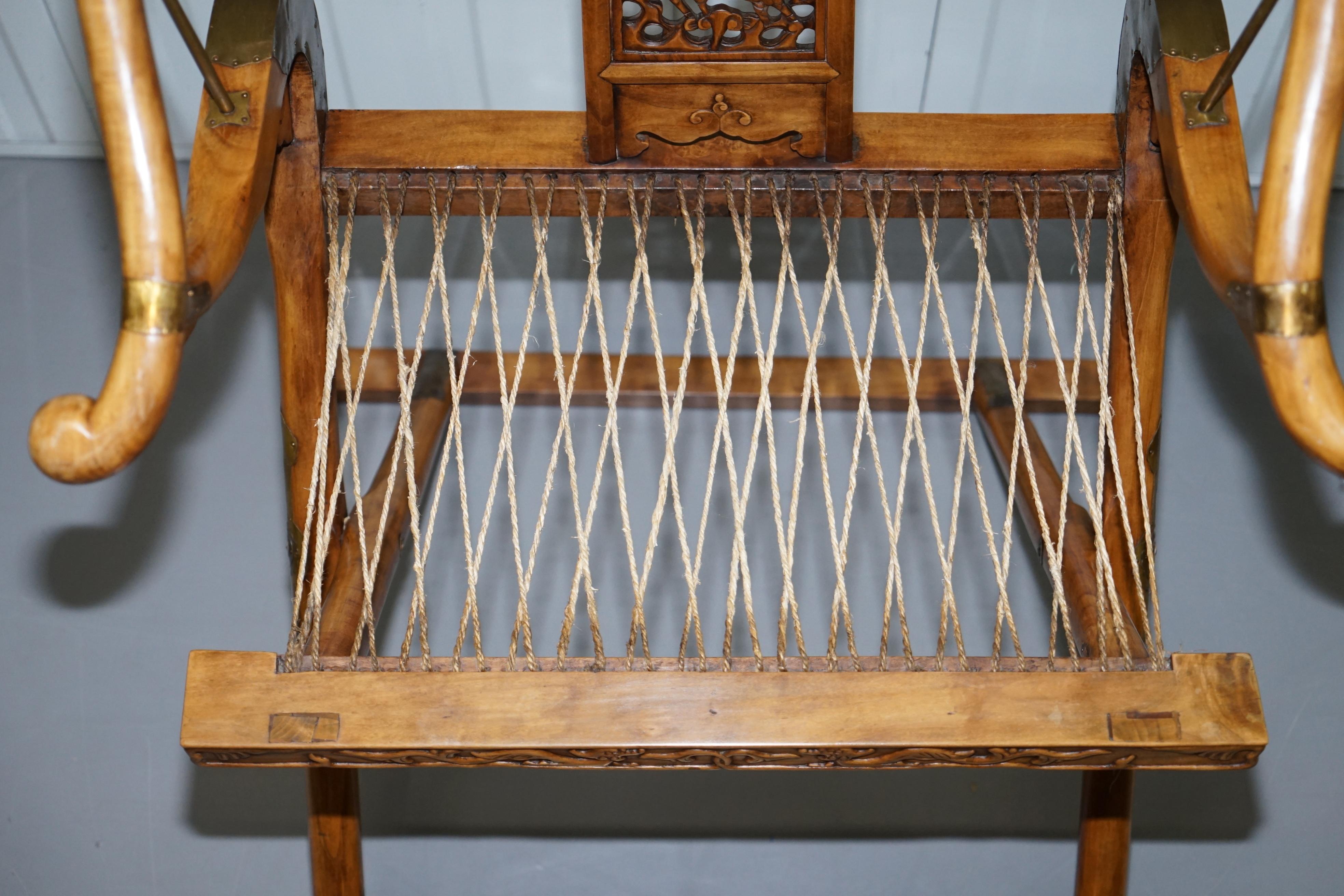 Pair of Vintage Chinese Solid Hardwood Horseshoe Folding Chairs Brass Fittings 10