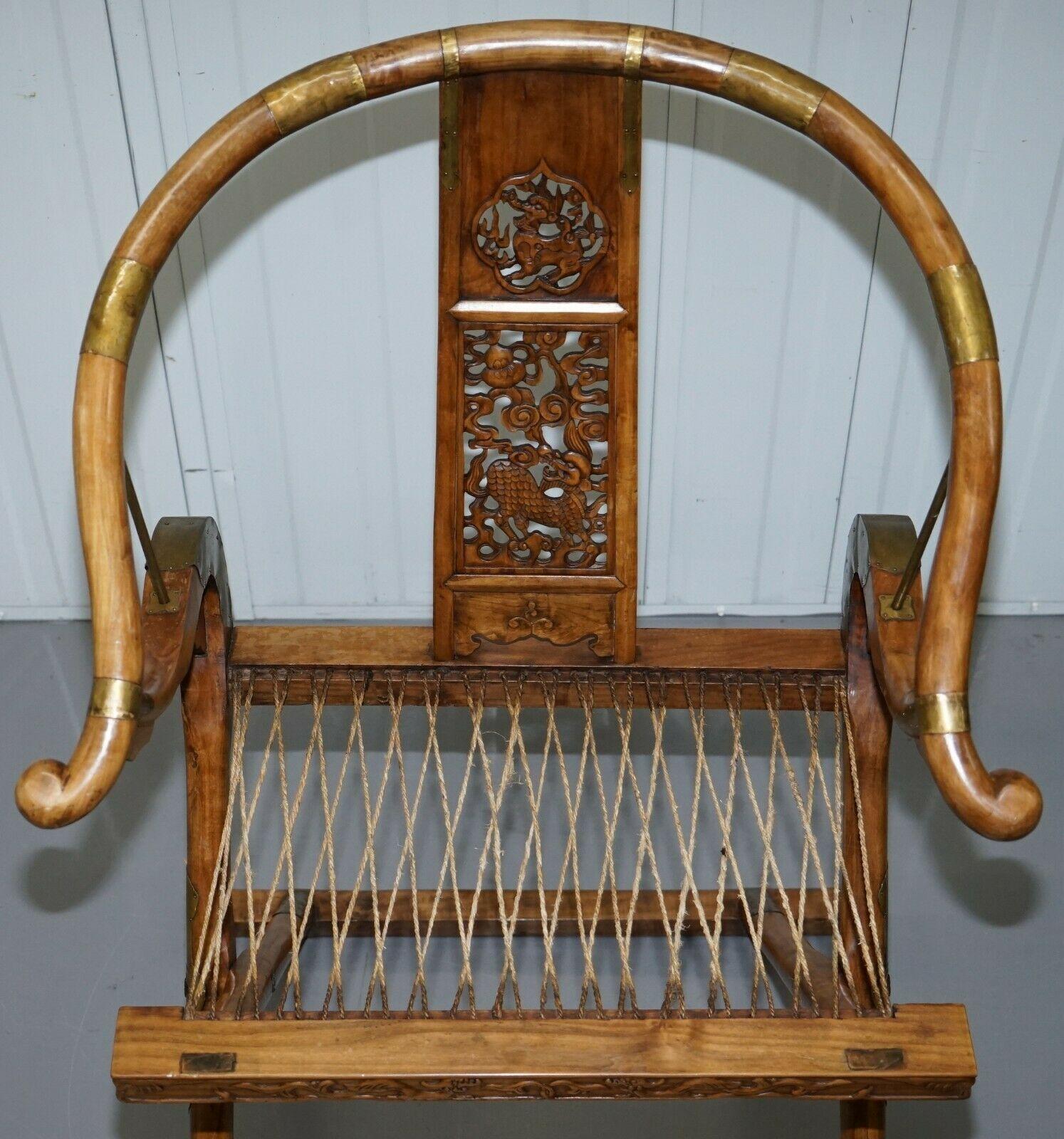 20th Century Pair of Vintage Chinese Solid Hardwood Horseshoe Folding Chairs Brass Fittings