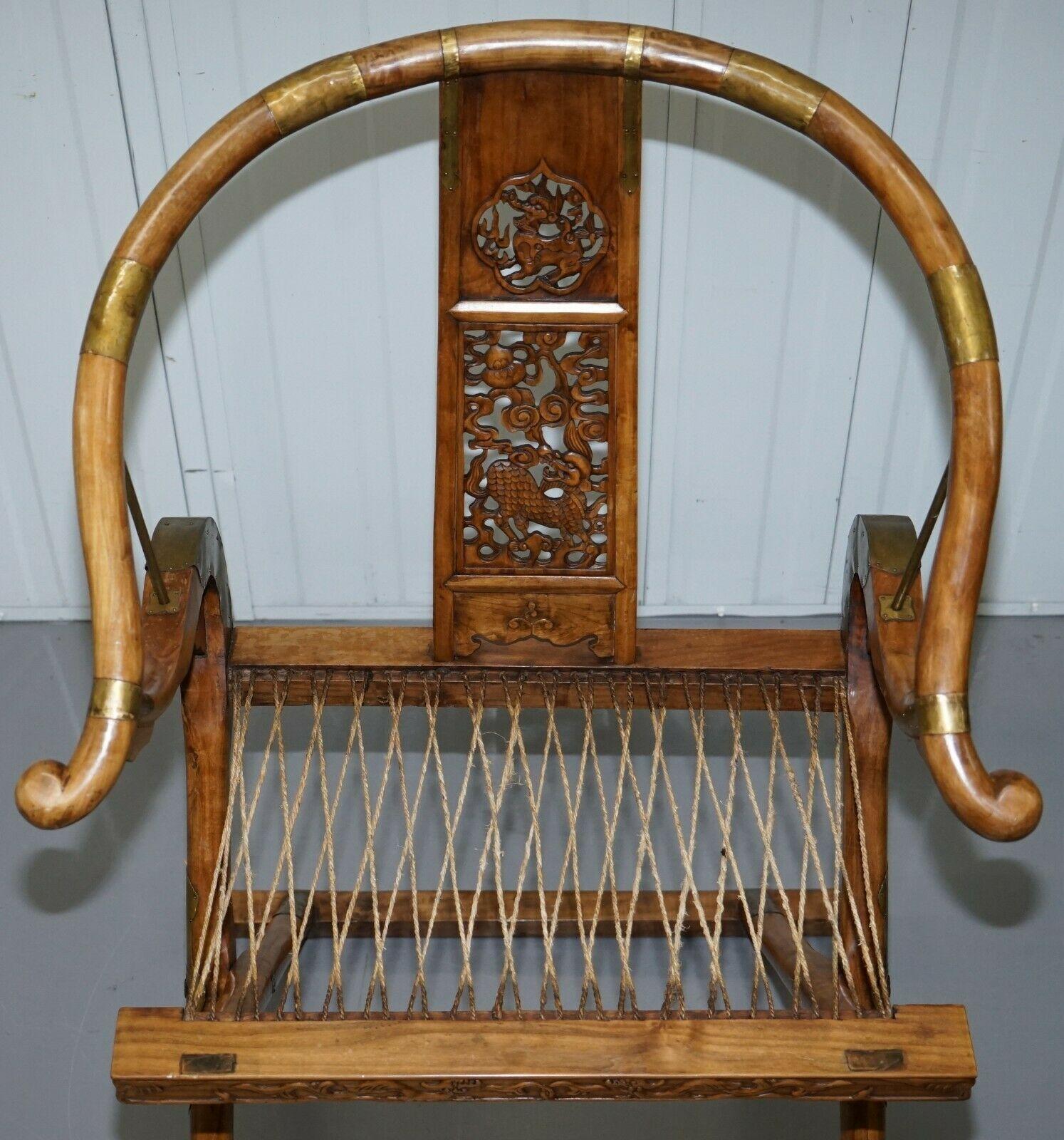 Pair of Vintage Chinese Solid Hardwood Horseshoe Folding Chairs Brass Fittings 1