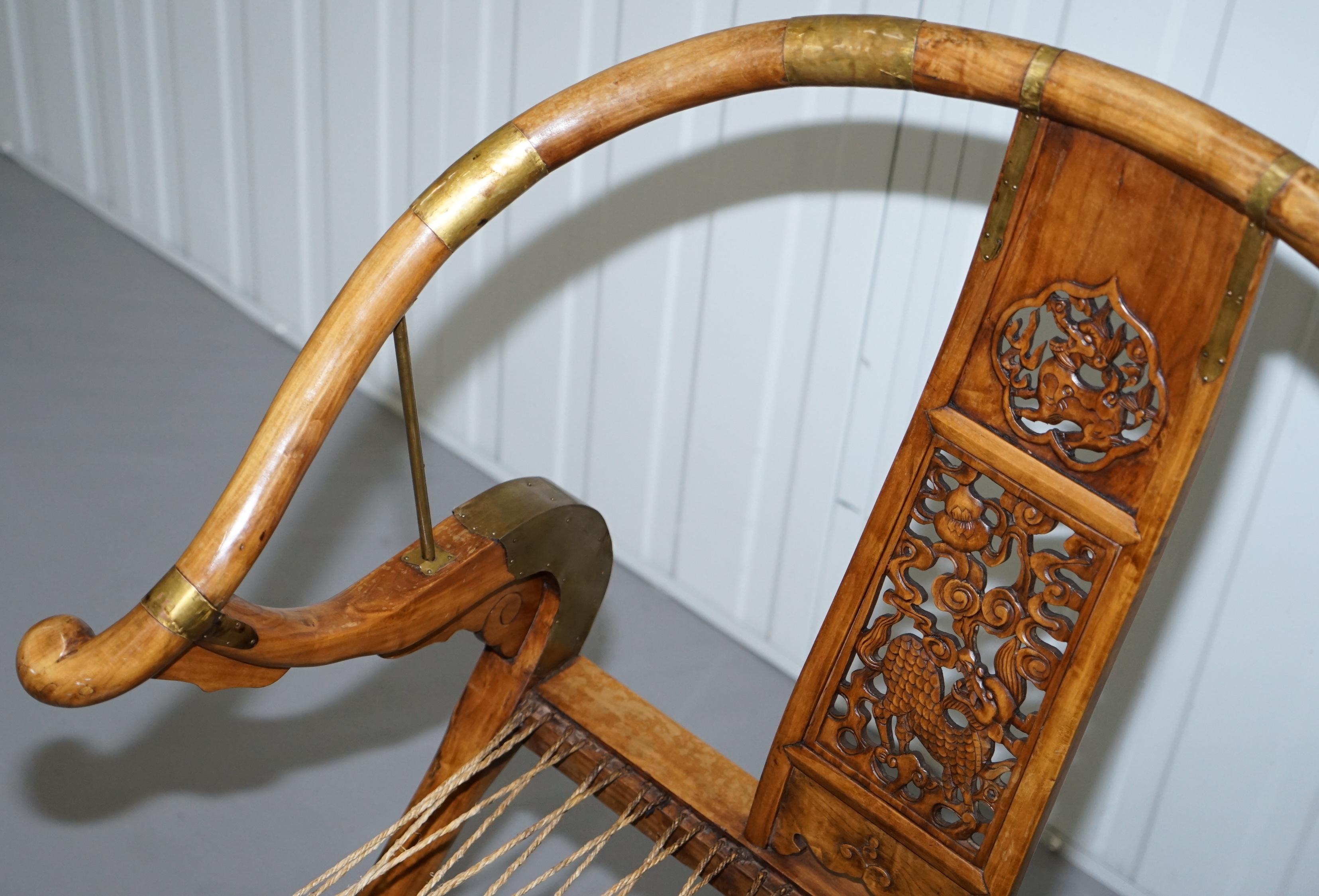 Chinese Export Pair of Vintage Chinese Solid Hardwood Horseshoe Folding Chairs Brass Fittings