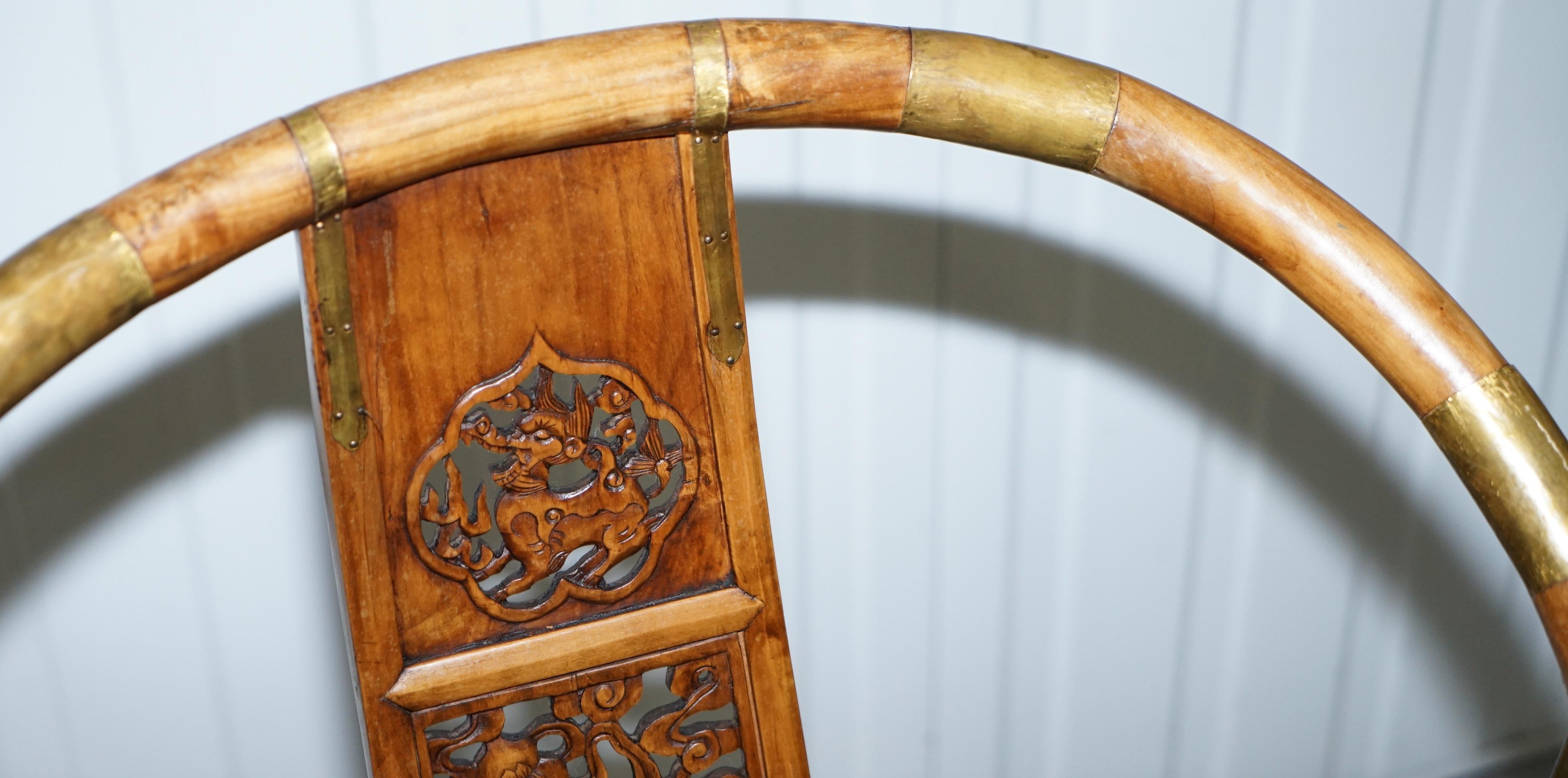 Hand-Crafted Pair of Vintage Chinese Solid Hardwood Horseshoe Folding Chairs Brass Fittings