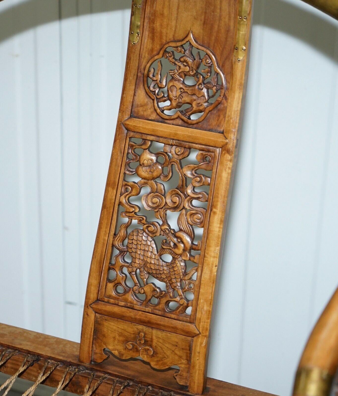 Pair of Vintage Chinese Solid Hardwood Horseshoe Folding Chairs Brass Fittings 4