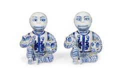 Pair of Vintage Chinese Style Blue and White Monkey Candlestick Holder