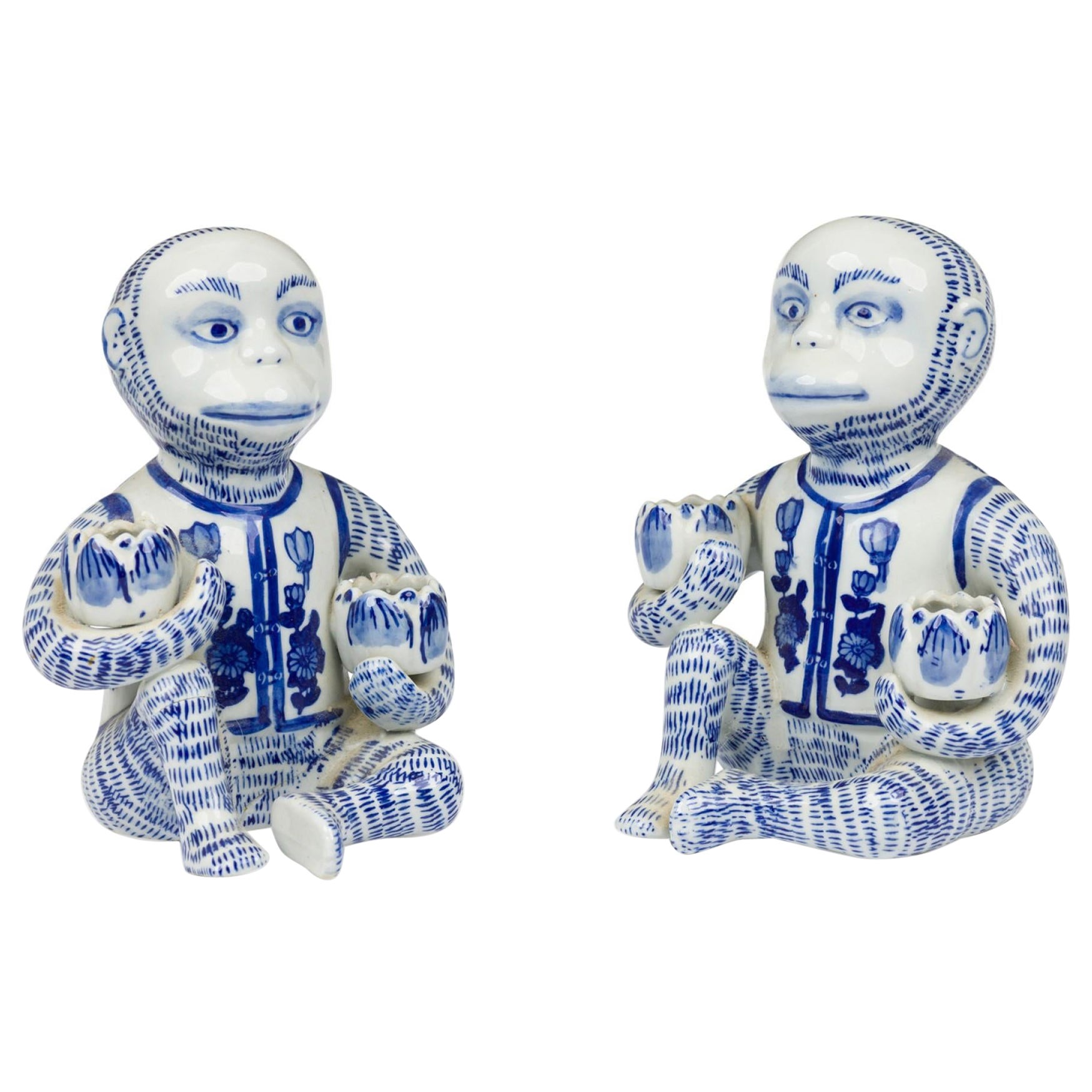 Pair of Vintage Chinese Style Blue and White Monkey Candlestick Holder
