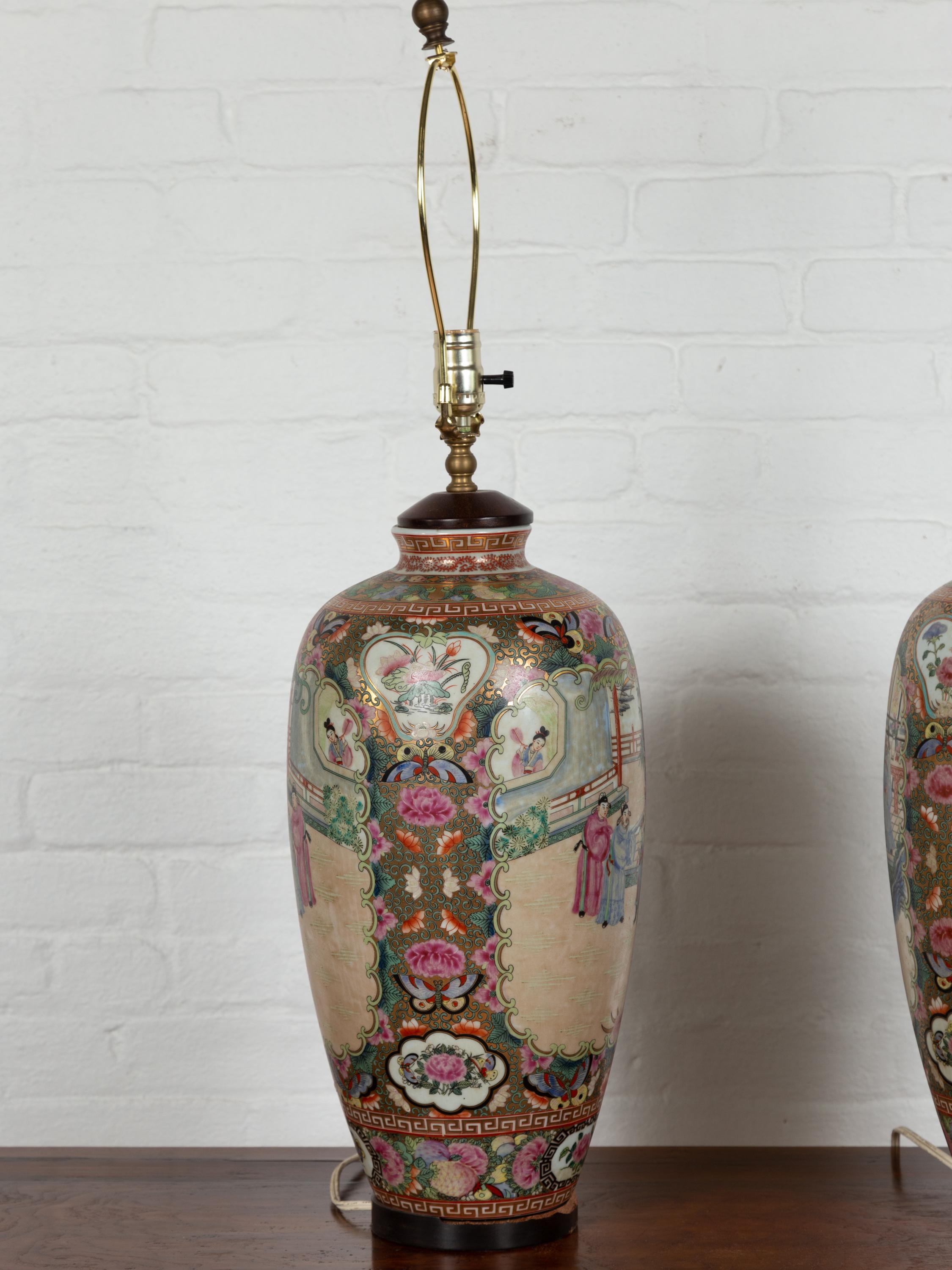 Pair of Vintage Chinese Temple Courtyard Rose Medallion Pattern Table Lamps 6