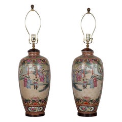Pair of Vintage Chinese Temple Courtyard Rose Medallion Pattern Table Lamps