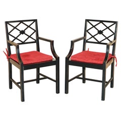 Pair of Vintage Chinese Thomas Chippendale Style Ebonised Aged Side Chairs