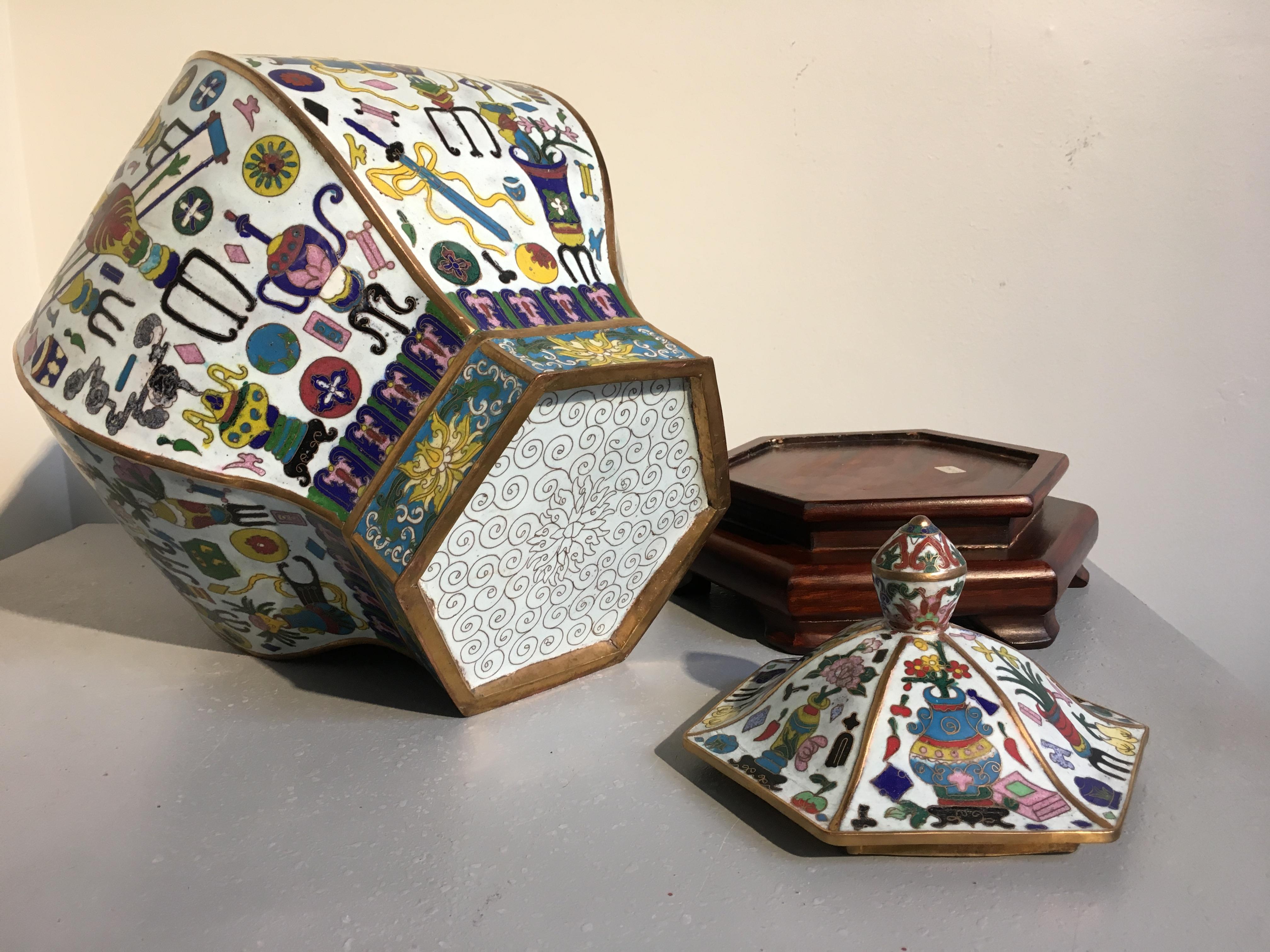 Pair Vintage Chinese White Cloisonne Hexagonal Covered Vases, 1950s 3