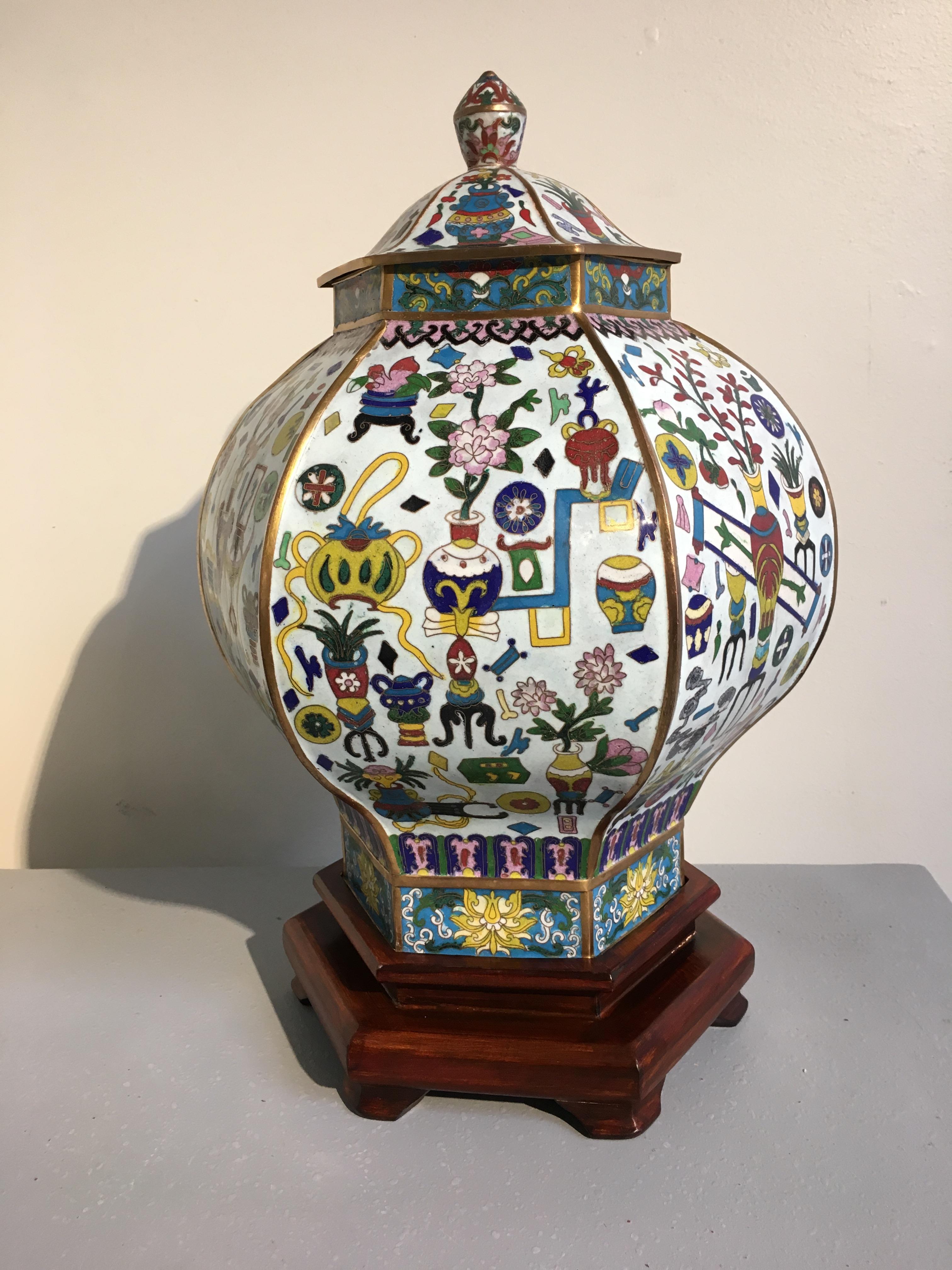 Pair Vintage Chinese White Cloisonne Hexagonal Covered Vases, 1950s In Good Condition In Austin, TX