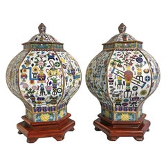 Pair Vintage Chinese White Cloisonne Hexagonal Covered Vases, 1950s