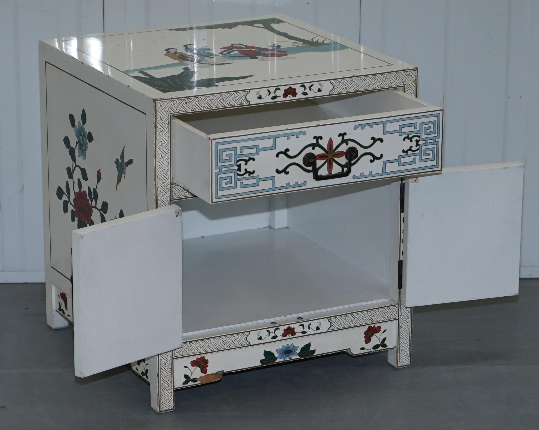 Pair of Vintage Chinese White Lacquered Hand Painted Side Table, Bedside Chests 7