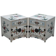 Pair of Vintage Chinese White Lacquered Hand Painted Side Table, Bedside Chests