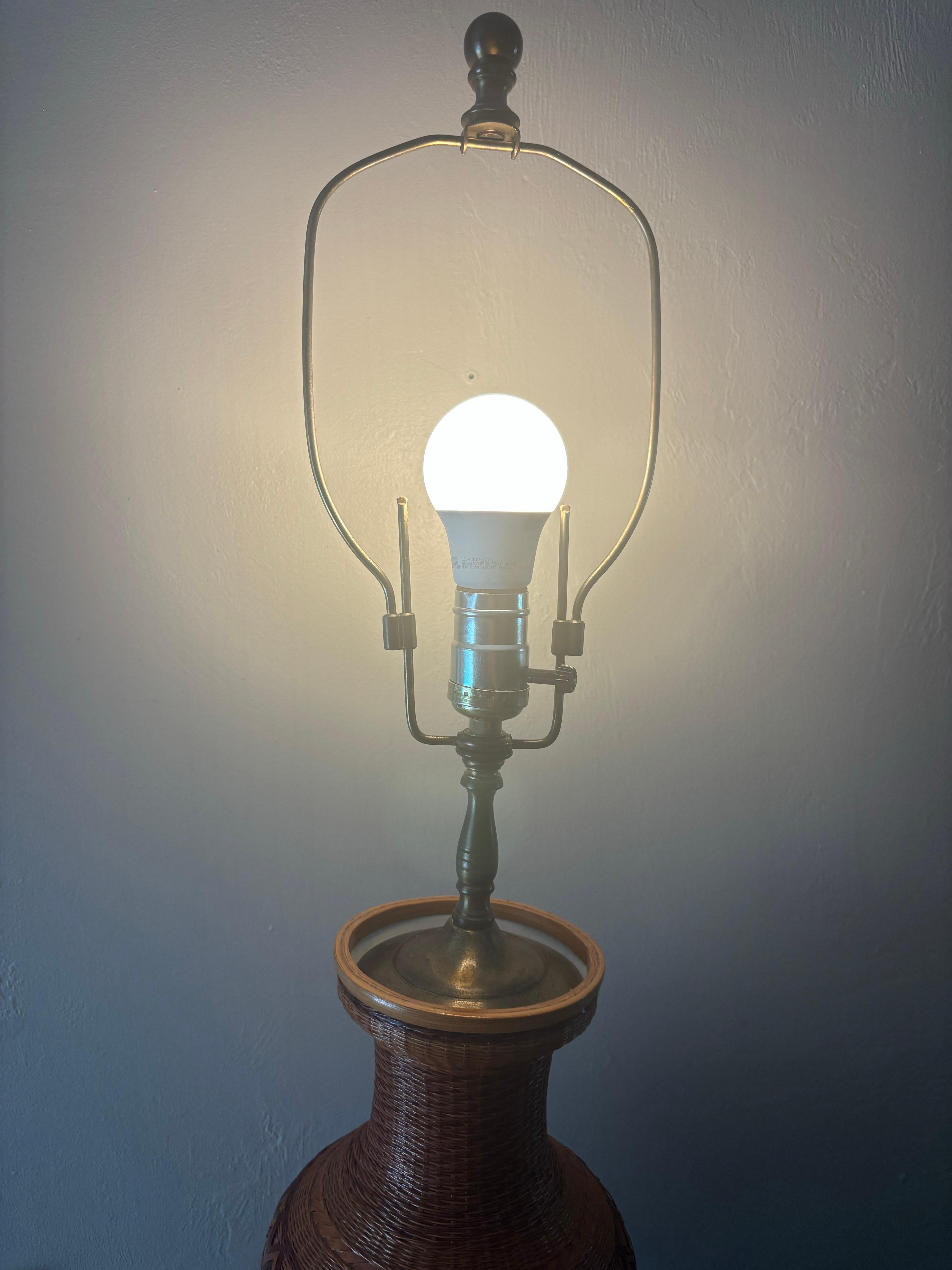 Pair of Vintage Chinese Wicker Covered Porcelain Table Lamps For Sale 4