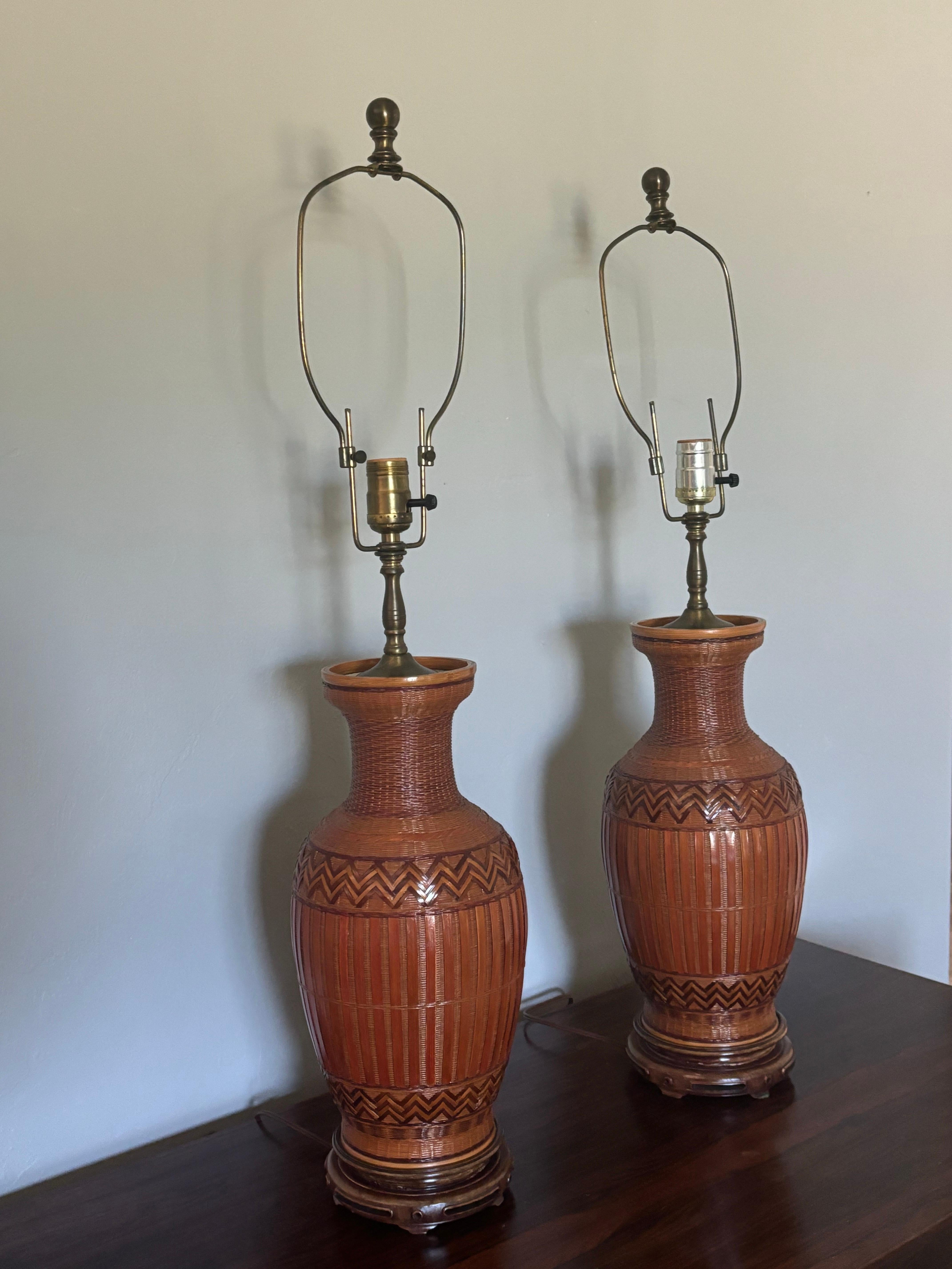 Mid-Century Modern Pair of Vintage Chinese Wicker Covered Porcelain Table Lamps For Sale