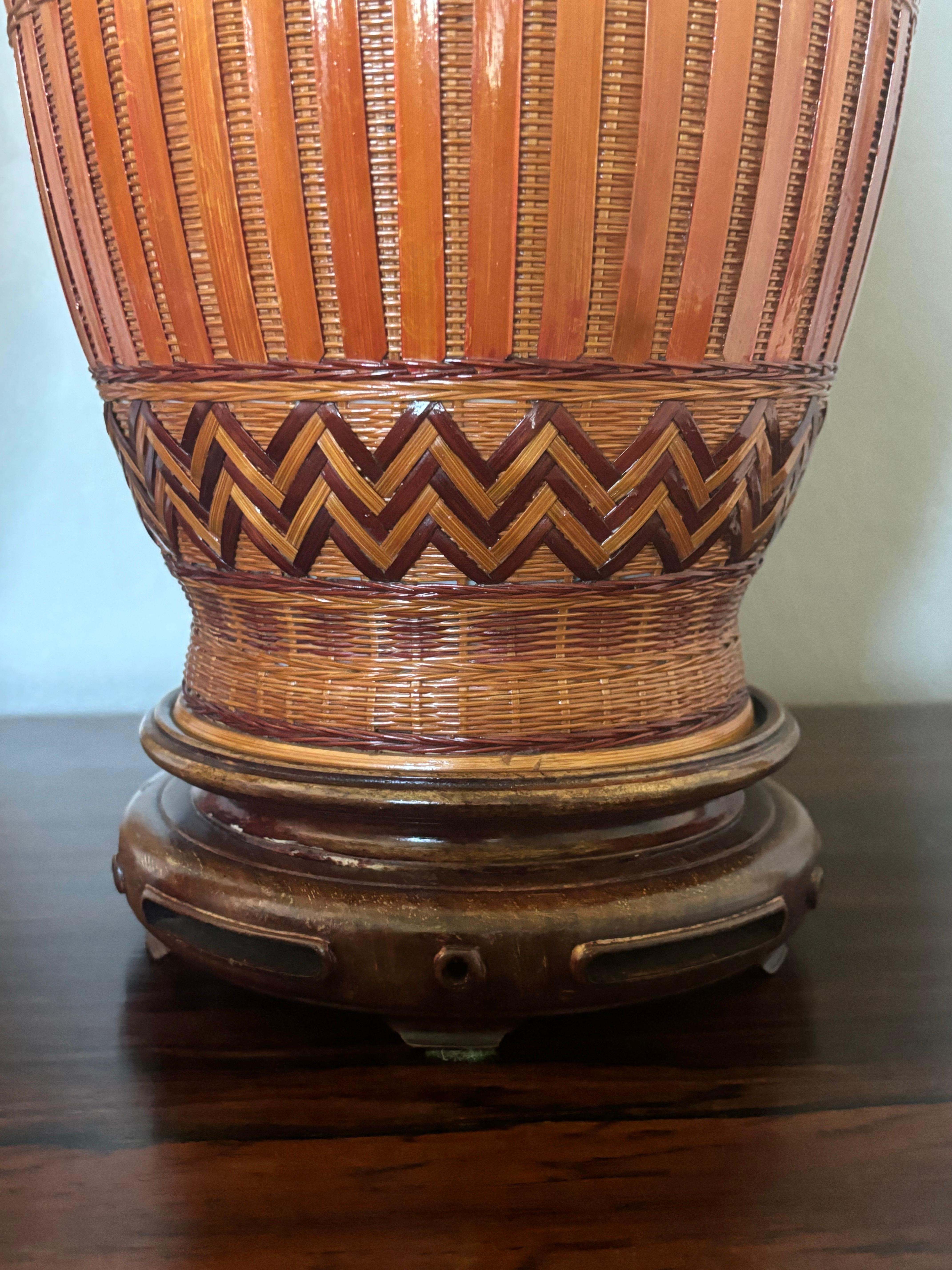 Pair of Vintage Chinese Wicker Covered Porcelain Table Lamps In Good Condition For Sale In Boynton Beach, FL