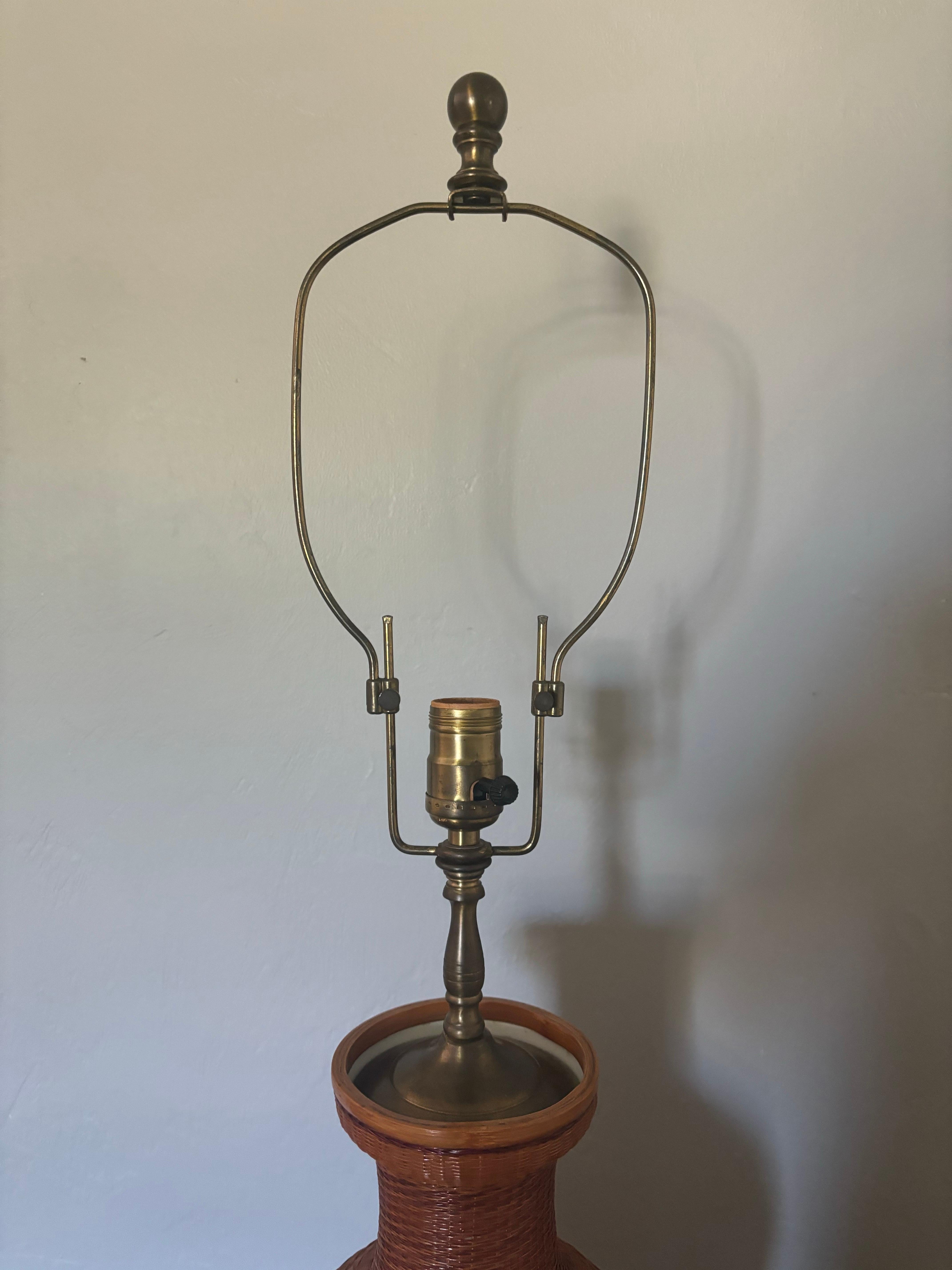 Brass Pair of Vintage Chinese Wicker Covered Porcelain Table Lamps For Sale