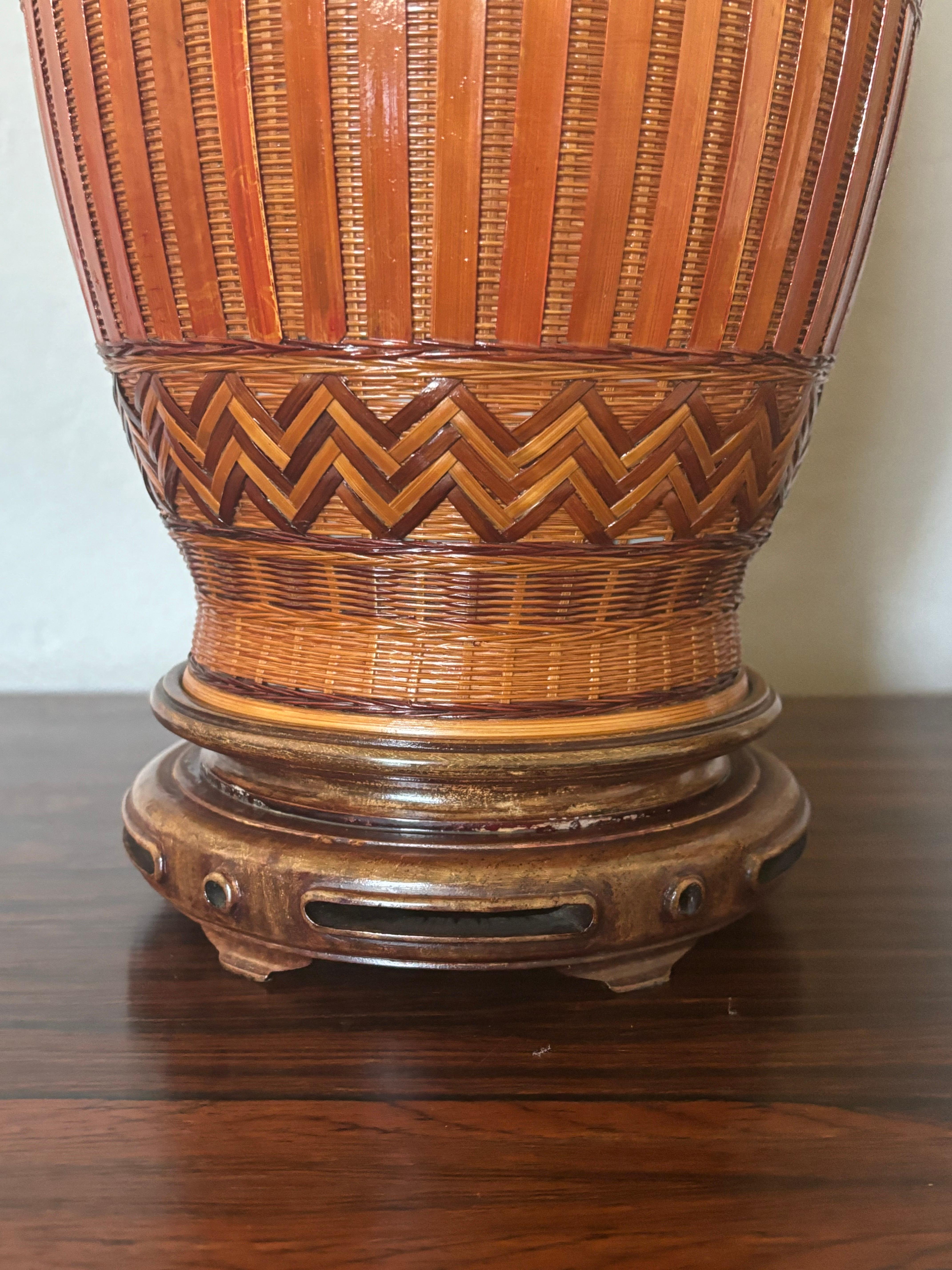 Pair of Vintage Chinese Wicker Covered Porcelain Table Lamps For Sale 1